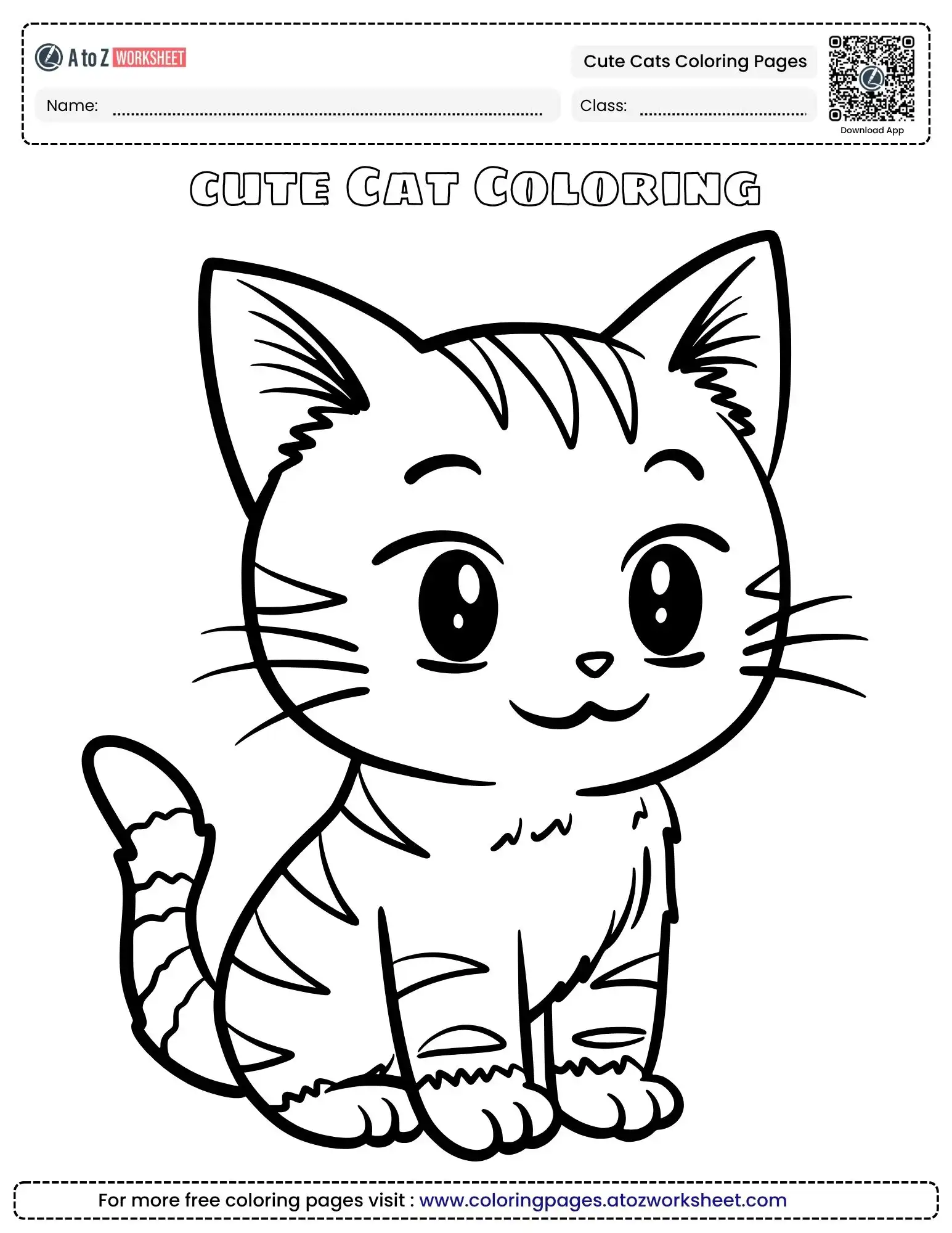 cute cats coloring pages showing a smiling tabby kitten sitting in a classic pose.