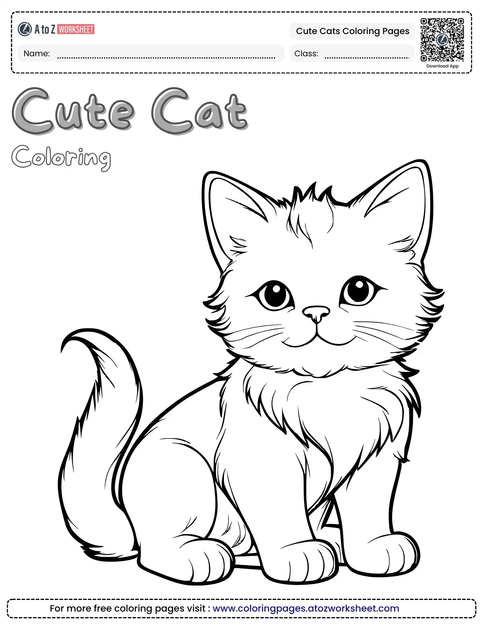 cute cats coloring pages featuring a fluffy long-haired kitten with big eyes.