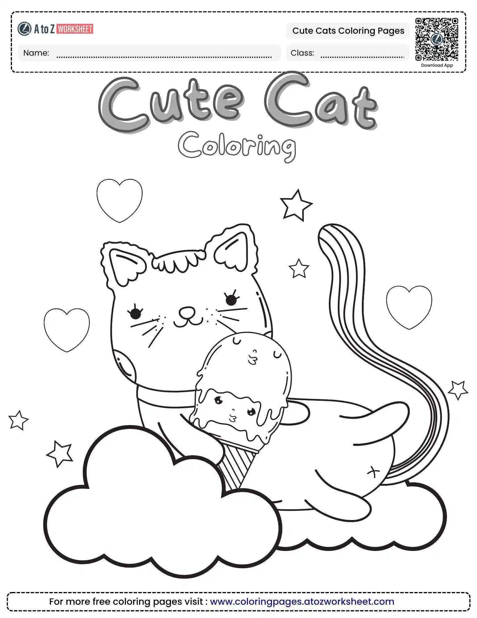 cute cats coloring pages featuring a cat sitting on a cloud holding an ice cream cone.