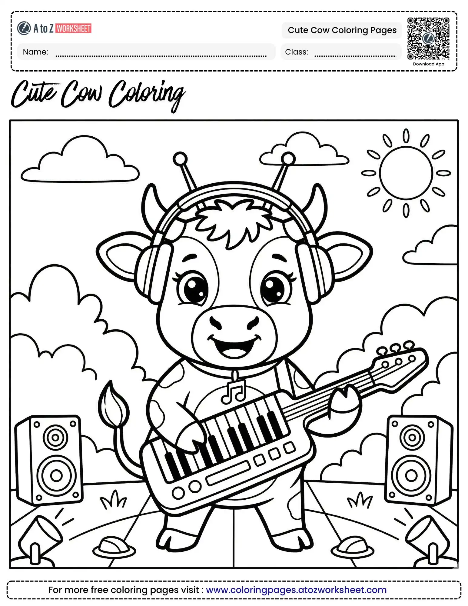 Free Printable Cute Cow Coloring Pages for Young Creative Artists 1 cute cow coloring pages showing a cheerful calf with headphones playing a keytar.