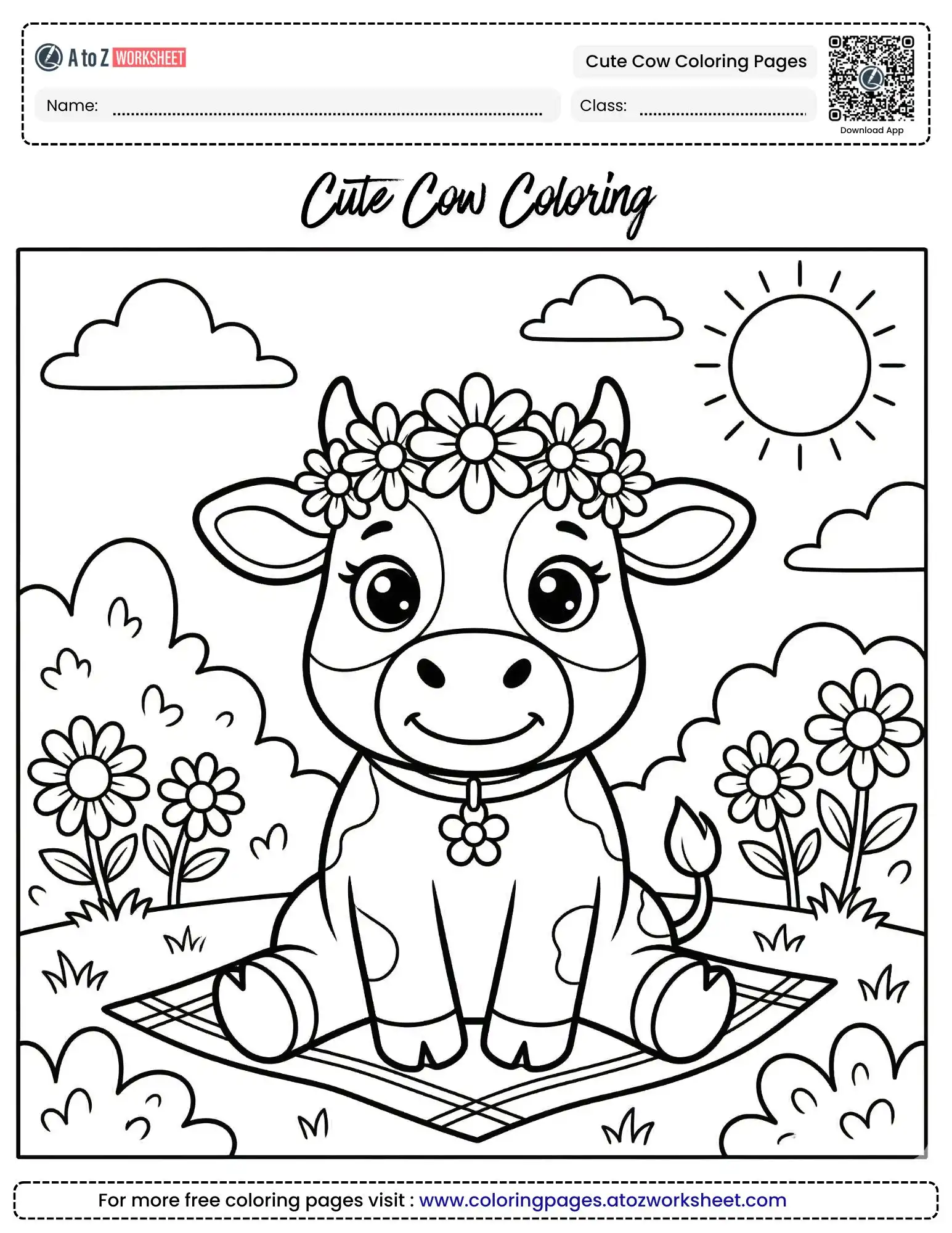 Free Printable Cute Cow Coloring Pages for Young Creative Artists 2 cute cow coloring pages featuring a sitting calf wearing a crown of flowers.