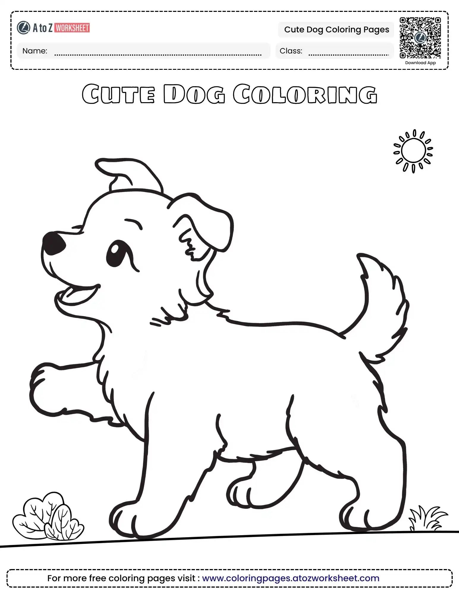 cute dog coloring pages showing a playful puppy walking outside under a smiling sun.