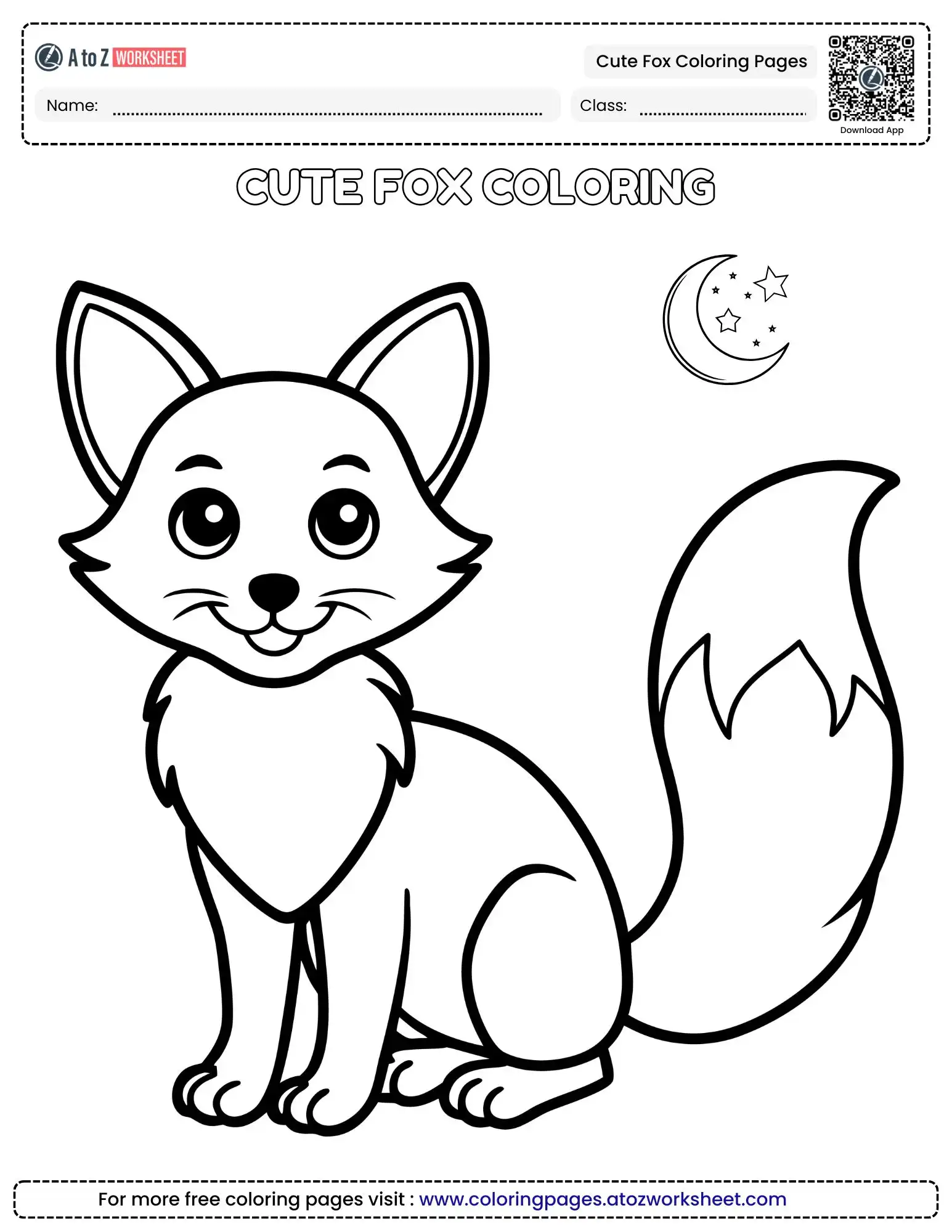 Free Cute Fox Coloring Pages For Creative Young Illustrators 2 cute fox coloring pages of a smiling fox under a moon and stars
