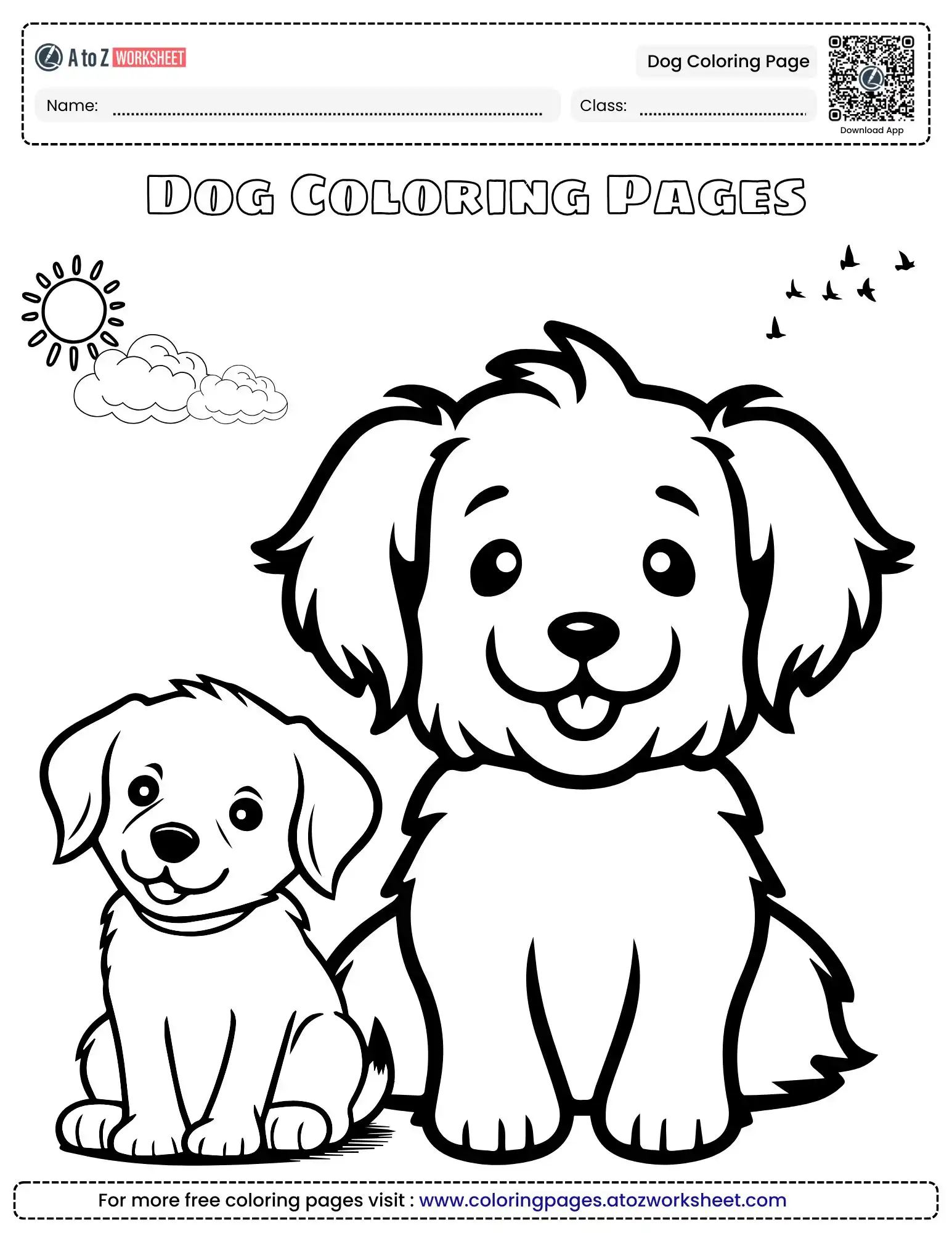 dog coloring page featuring a large fluffy dog and a smaller puppy sitting under the sun and clouds.