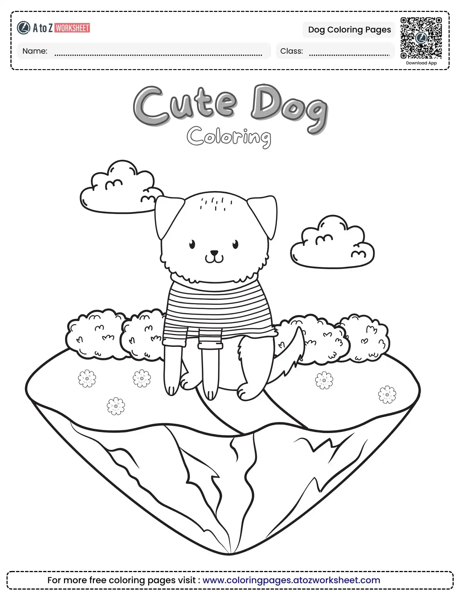 dog coloring pages featuring a cute dog in a striped sweater sitting on a grassy hill with clouds.