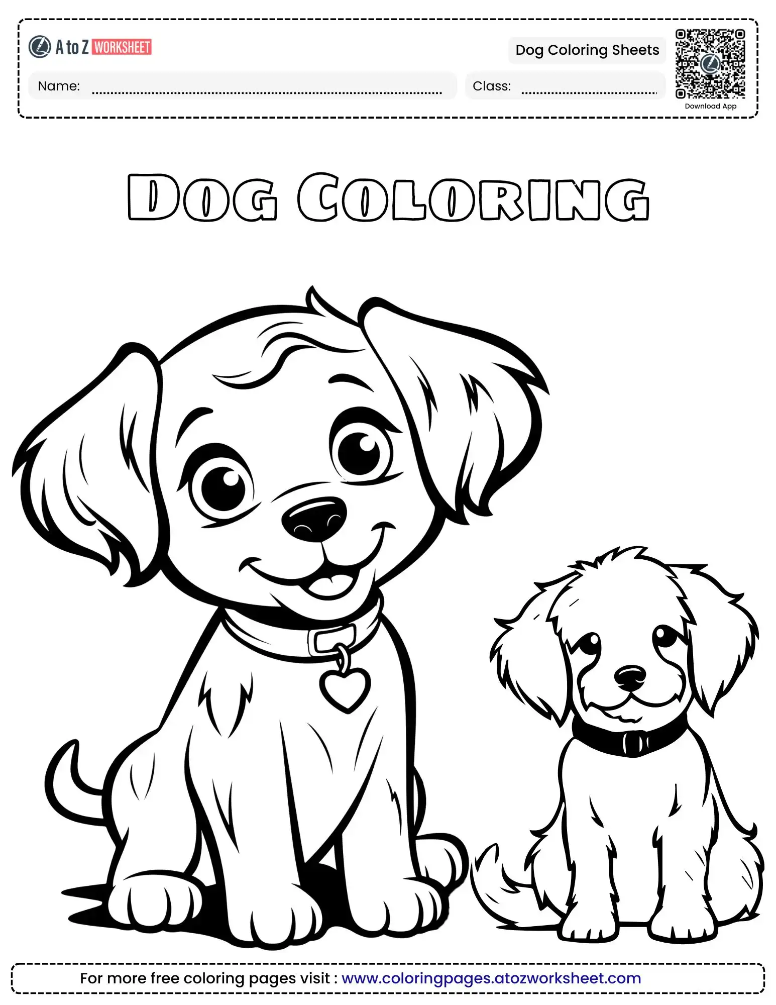 dog coloring sheets showing a large puppy with a heart collar sitting next to a smaller friend.