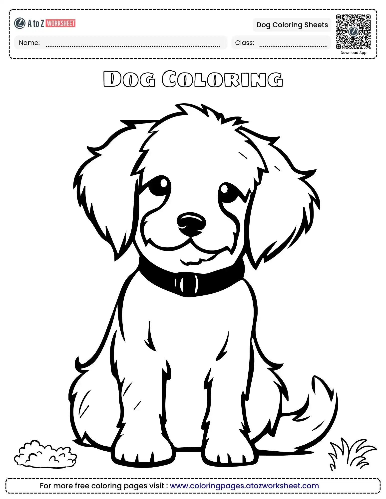 dog coloring sheets featuring a cute fluffy dog sitting in the grass.