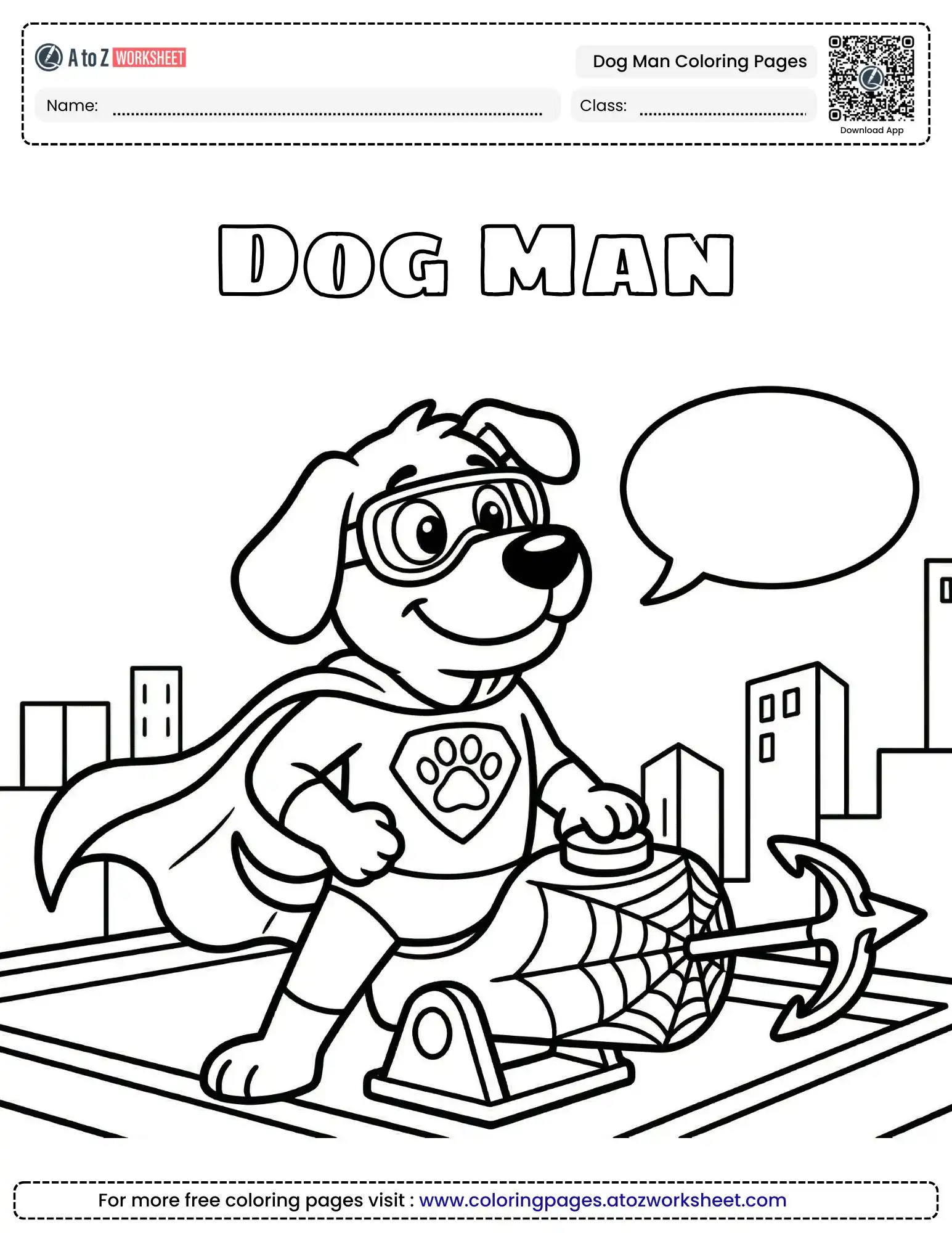 dog-man-coloring-pages-1 dog man coloring pages featuring the hero in goggles sitting on a spider-web cannon with a speech bubble.