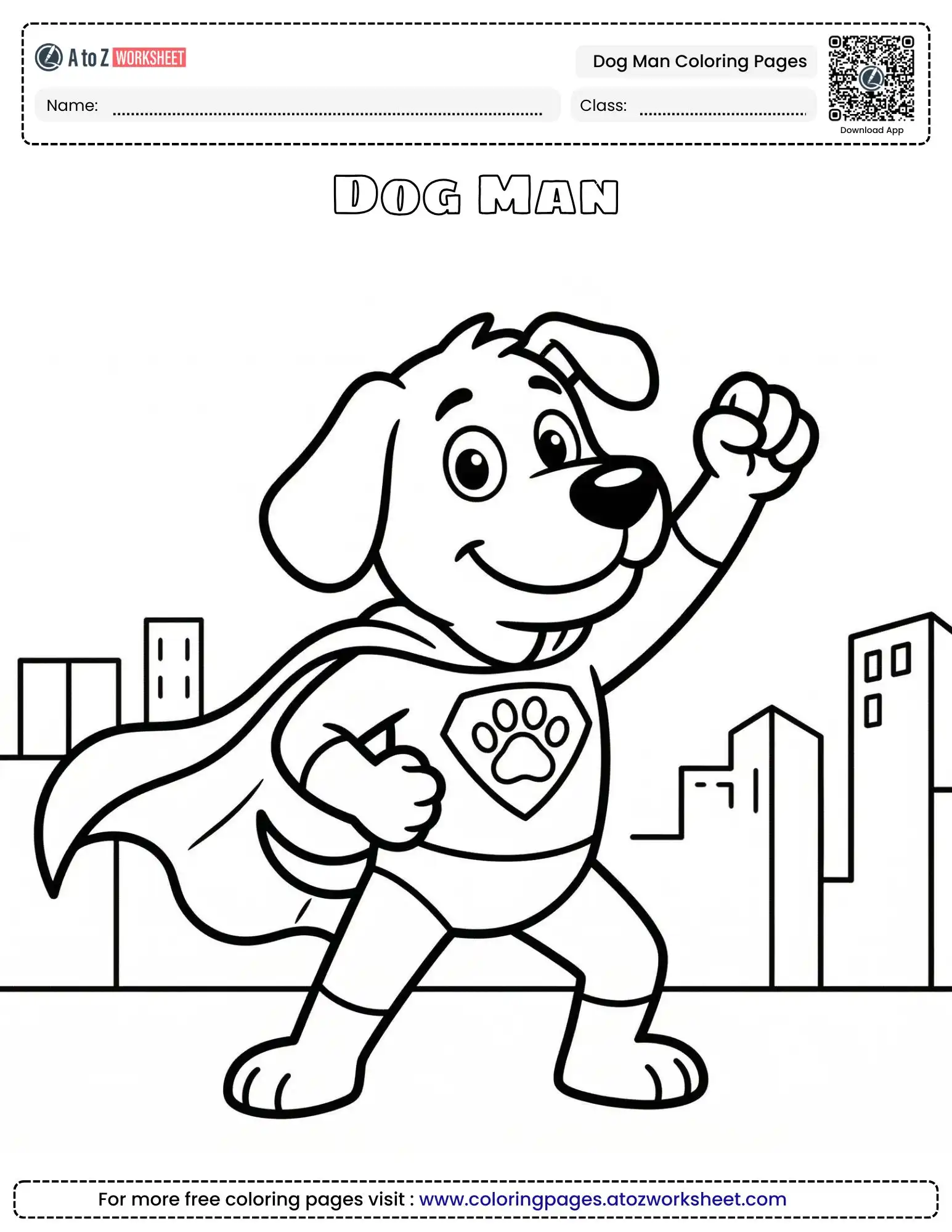Free Printable Dog Man Coloring Pages for Super Hero Fun 1 dog man coloring pages showing the hero standing with one fist raised against a city background.