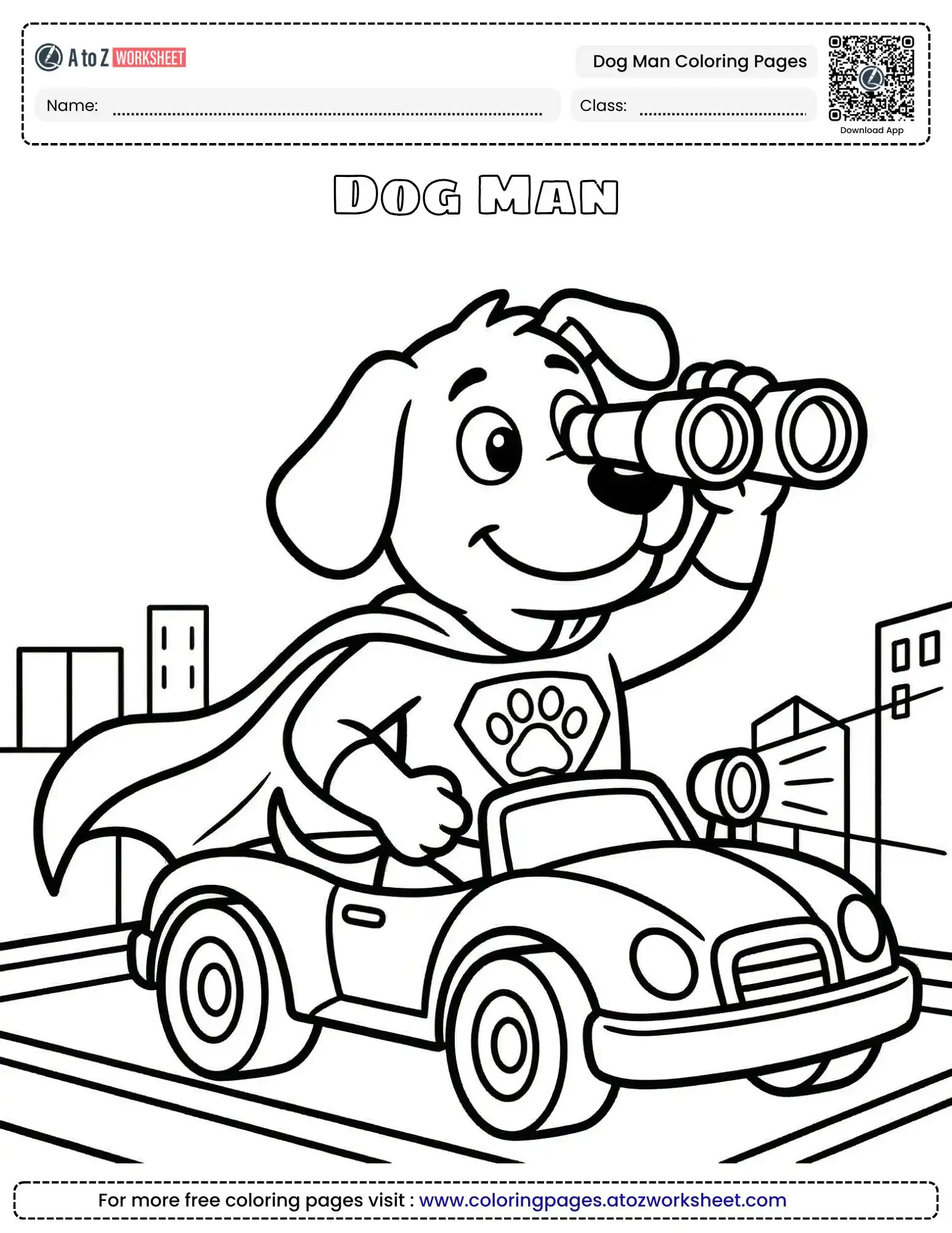 Free Printable Dog Man Coloring Pages for Super Hero Fun 2 dog man coloring pages featuring the hero driving a car and looking through binoculars.