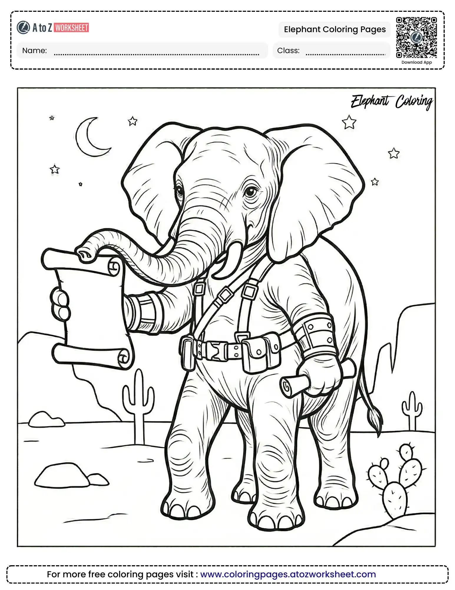 elephant coloring pages of a hero elephant with a scroll in the desert