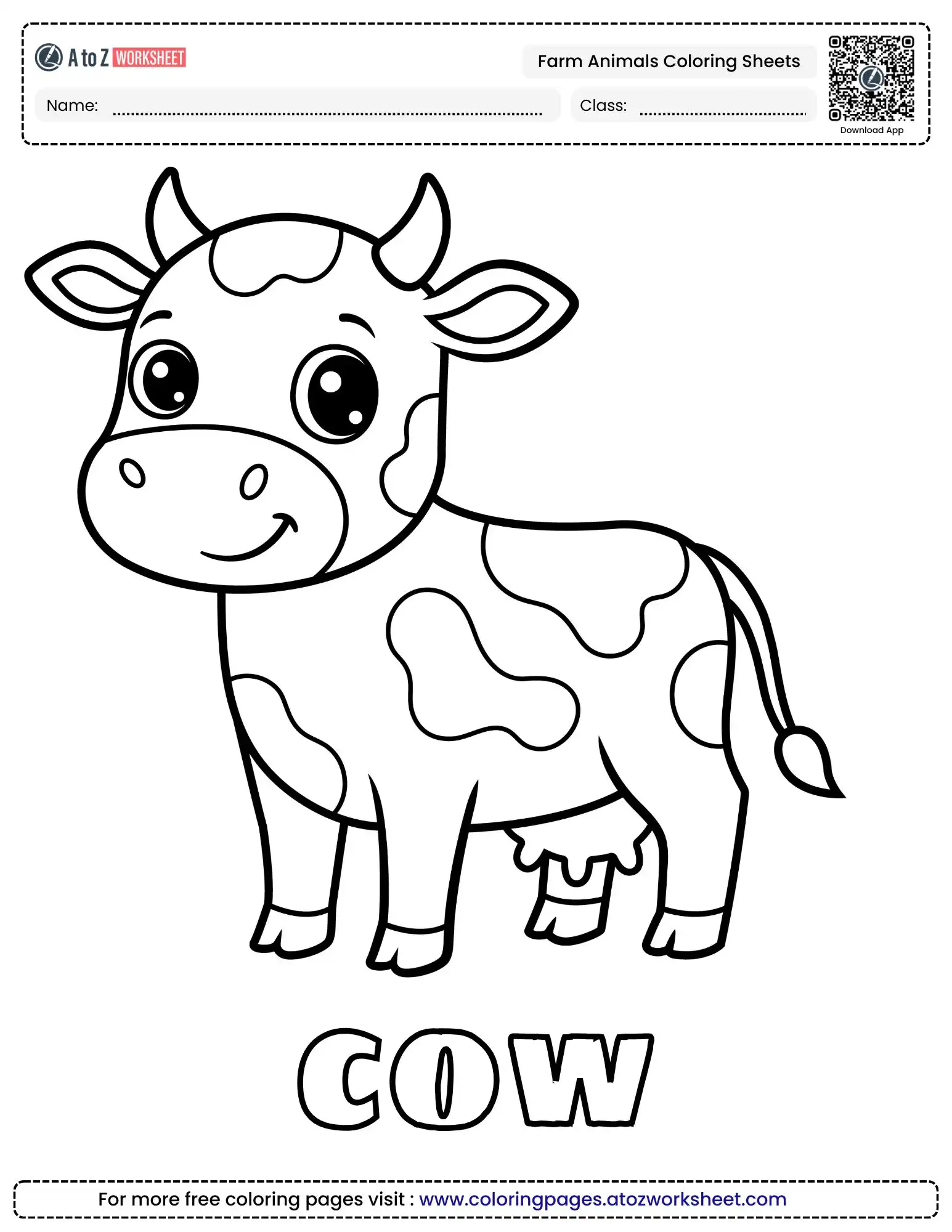 farm animals coloring pages featuring a cheerful cow with large spots and horns.