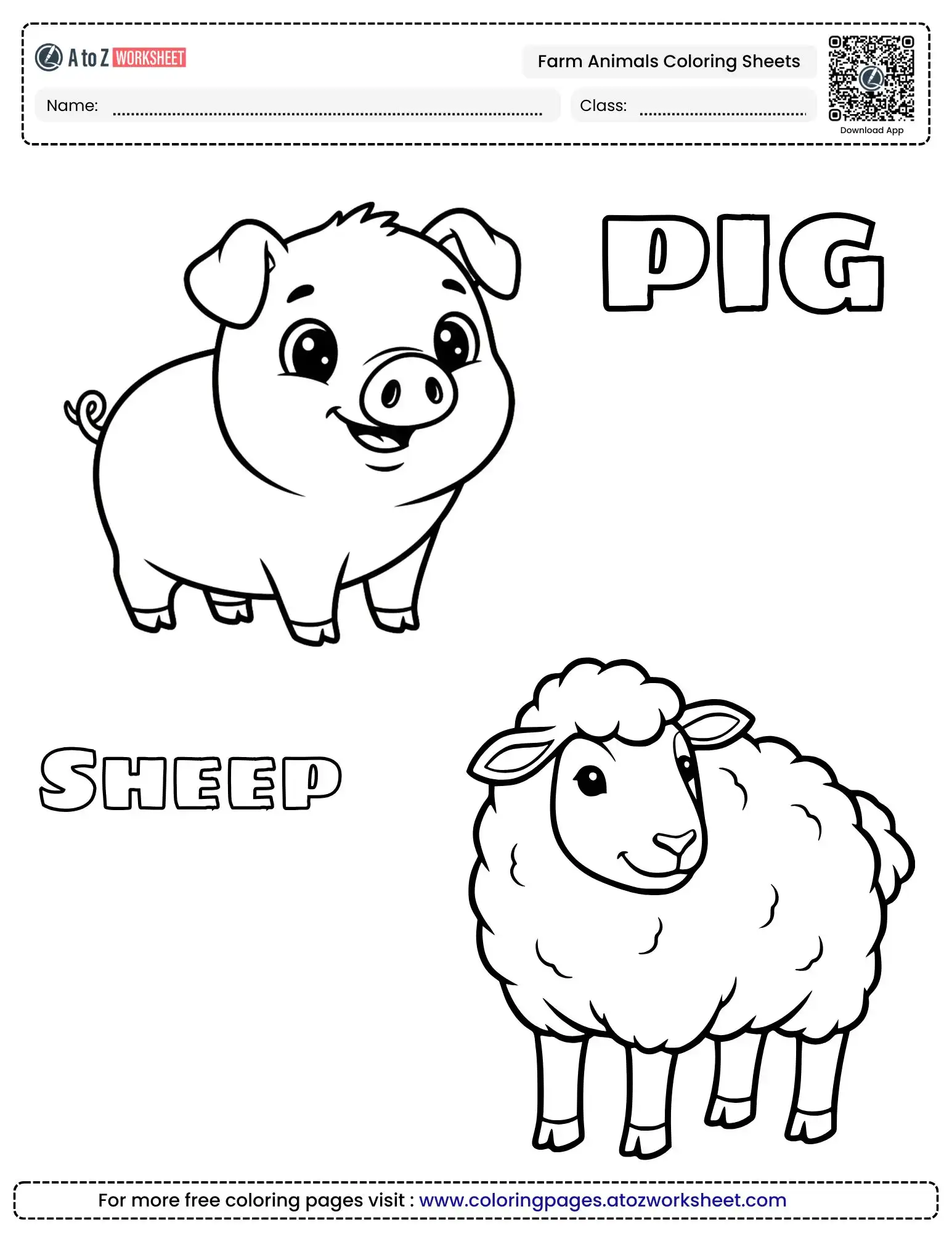 farm animals coloring pages featuring a smiling pig and a woolly sheep.