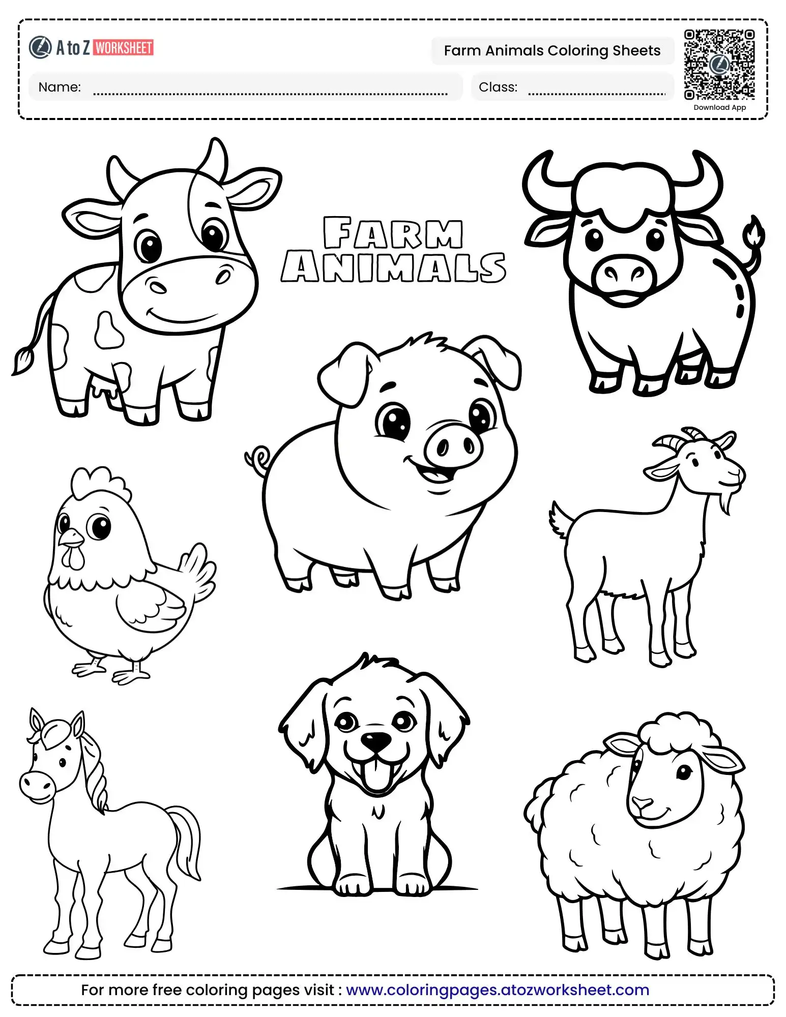 farm animals coloring pages showing a group including a goat, chicken, and dog.