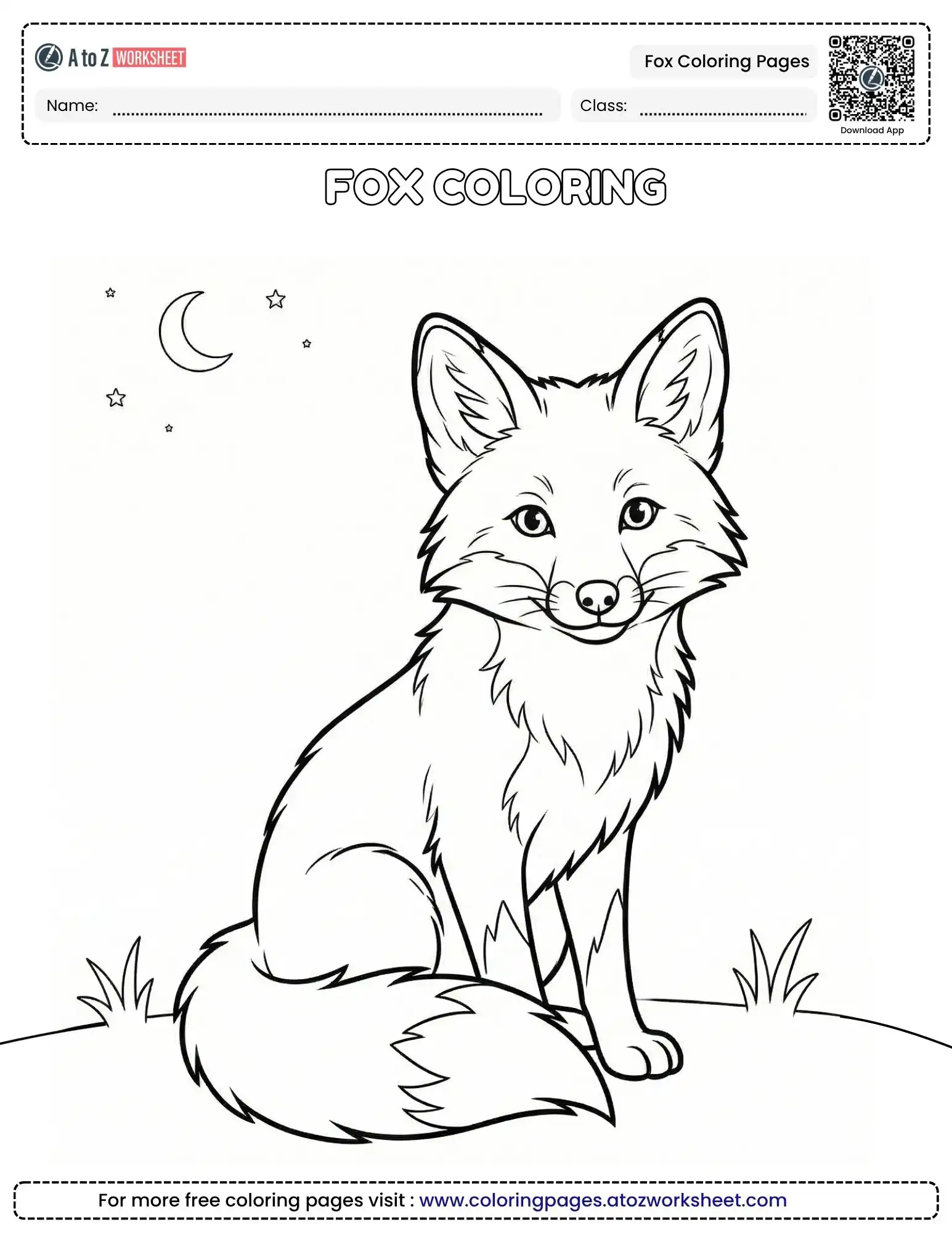 fox coloring pages of a realistic forest fox under a crescent moon