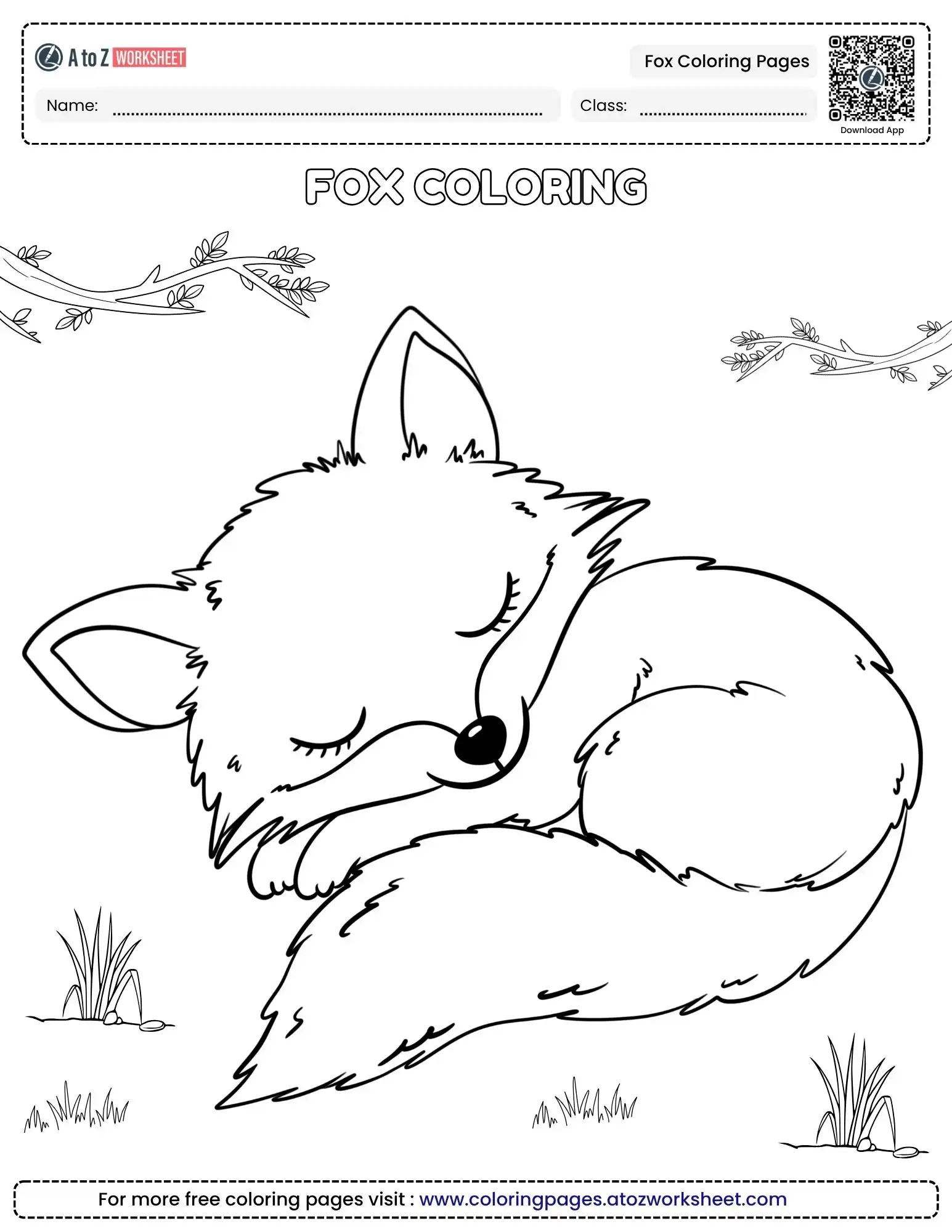 fox coloring pages of a cute sleeping fox curled up
