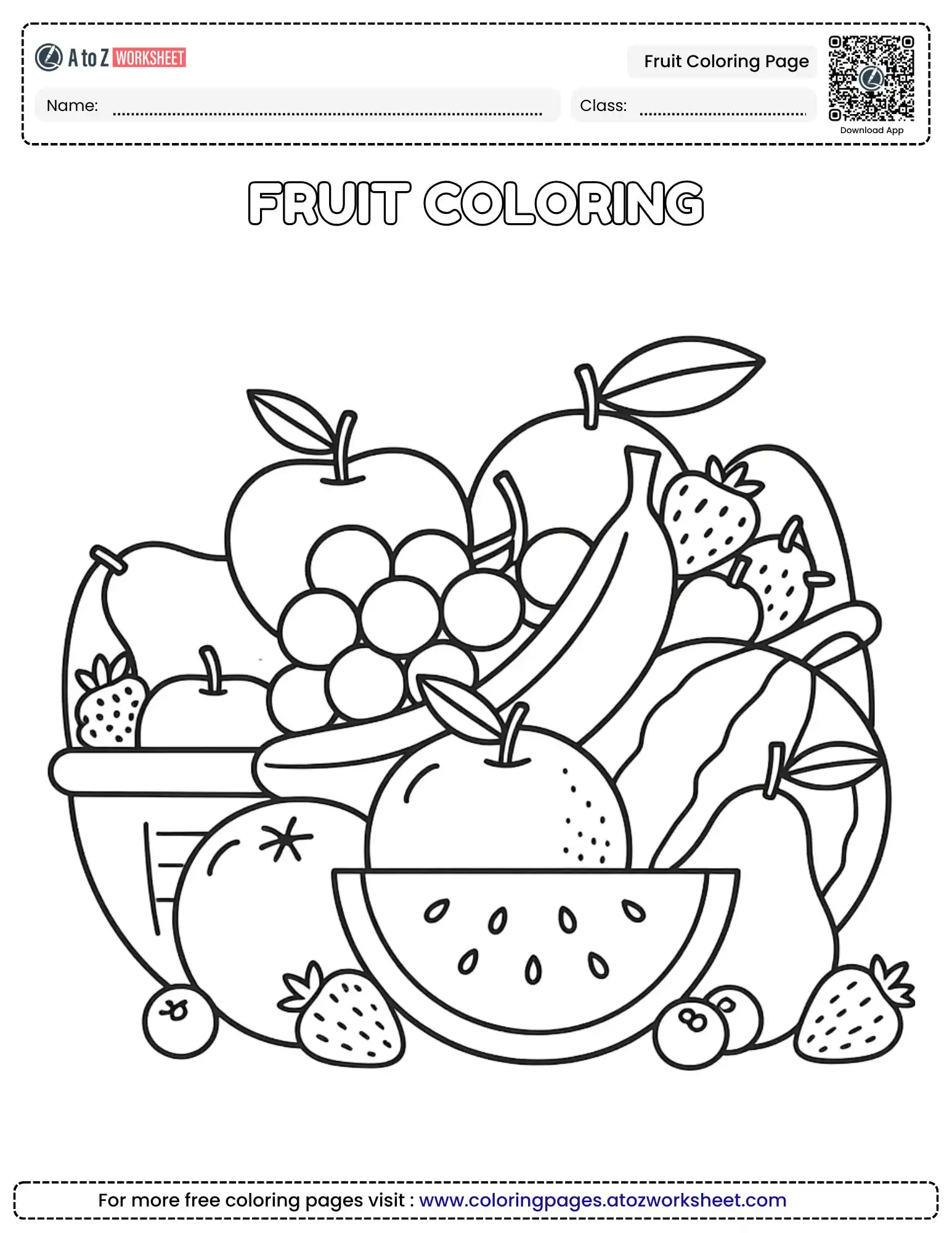 fruit coloring page with various healthy snacks