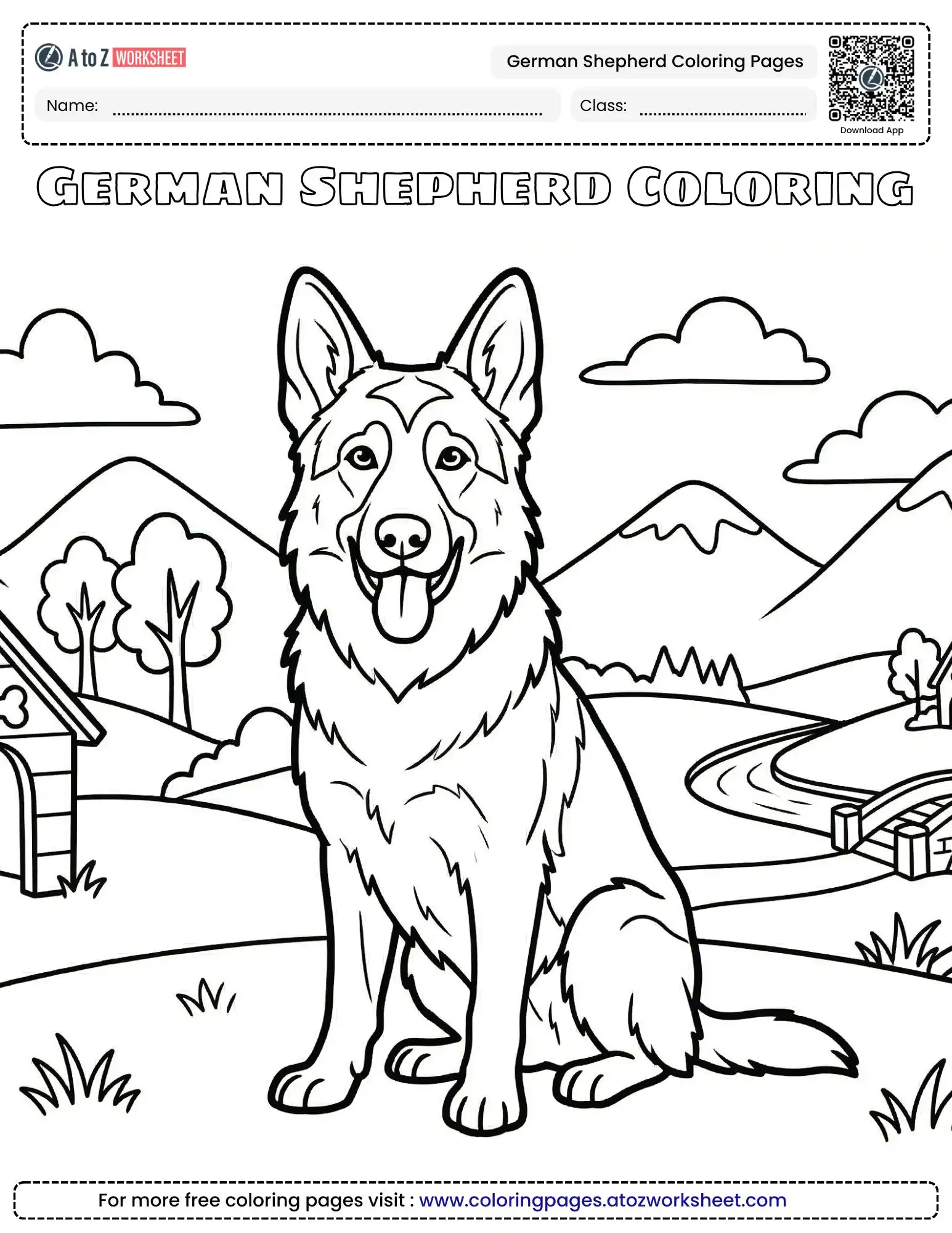 german shepherd dog coloring pages featuring a dog sitting in front of mountains and a doghouse.