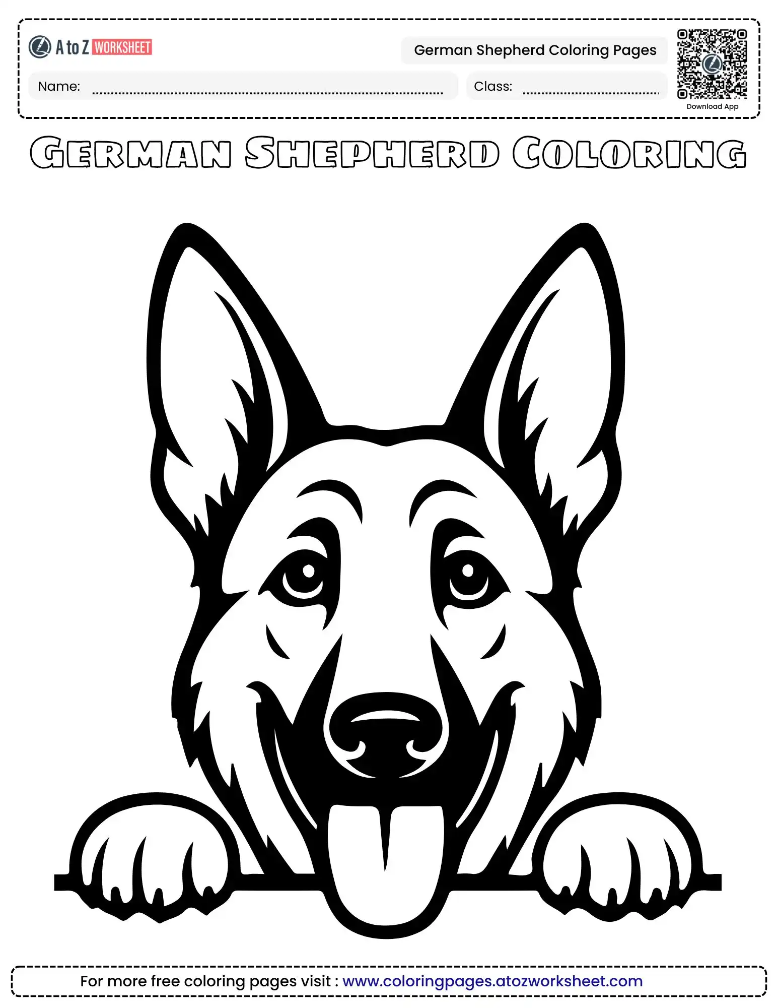 german shepherd dog coloring pages showing a close-up of a dog peeking over a ledge with its tongue out.