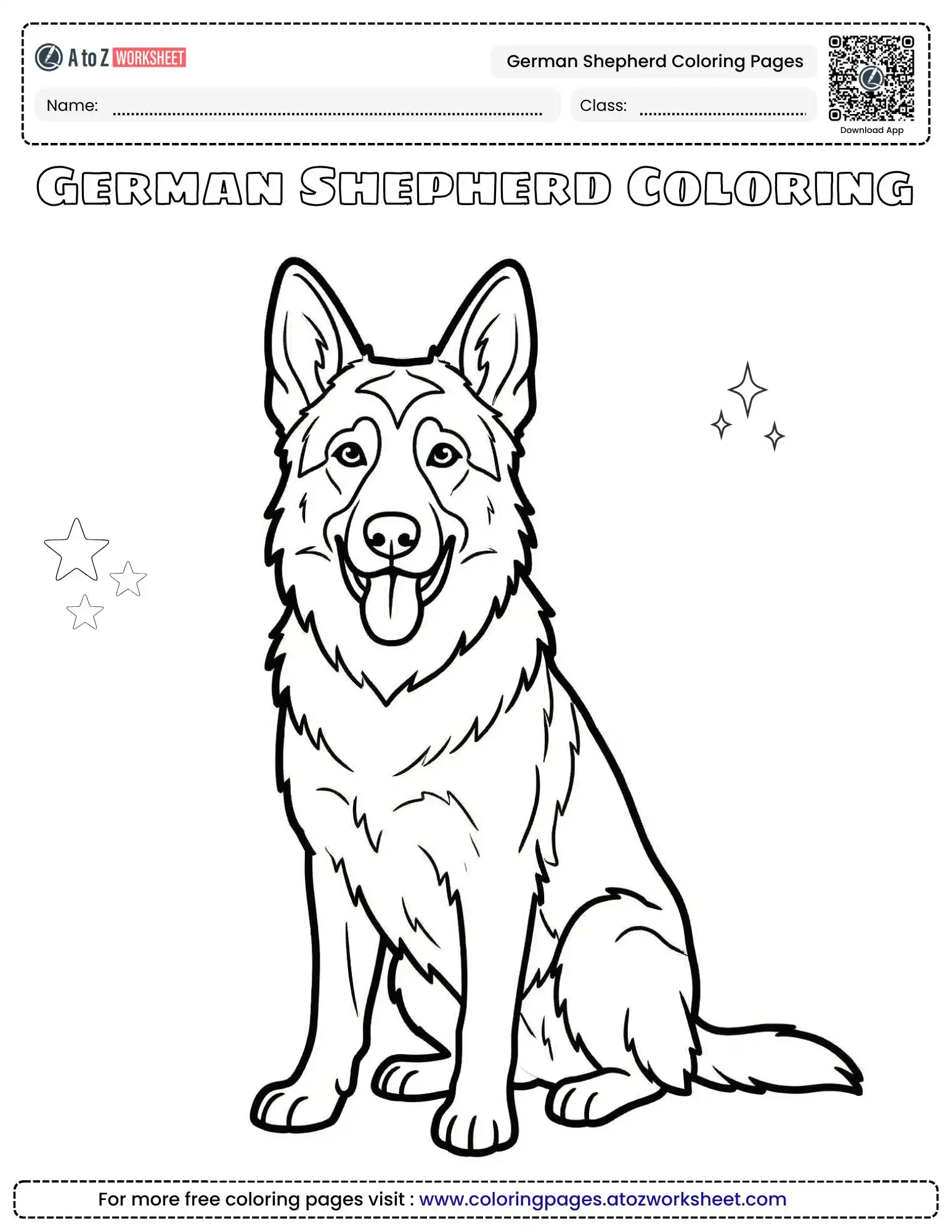 german shepherd dog coloring pages featuring a sitting dog surrounded by stars.