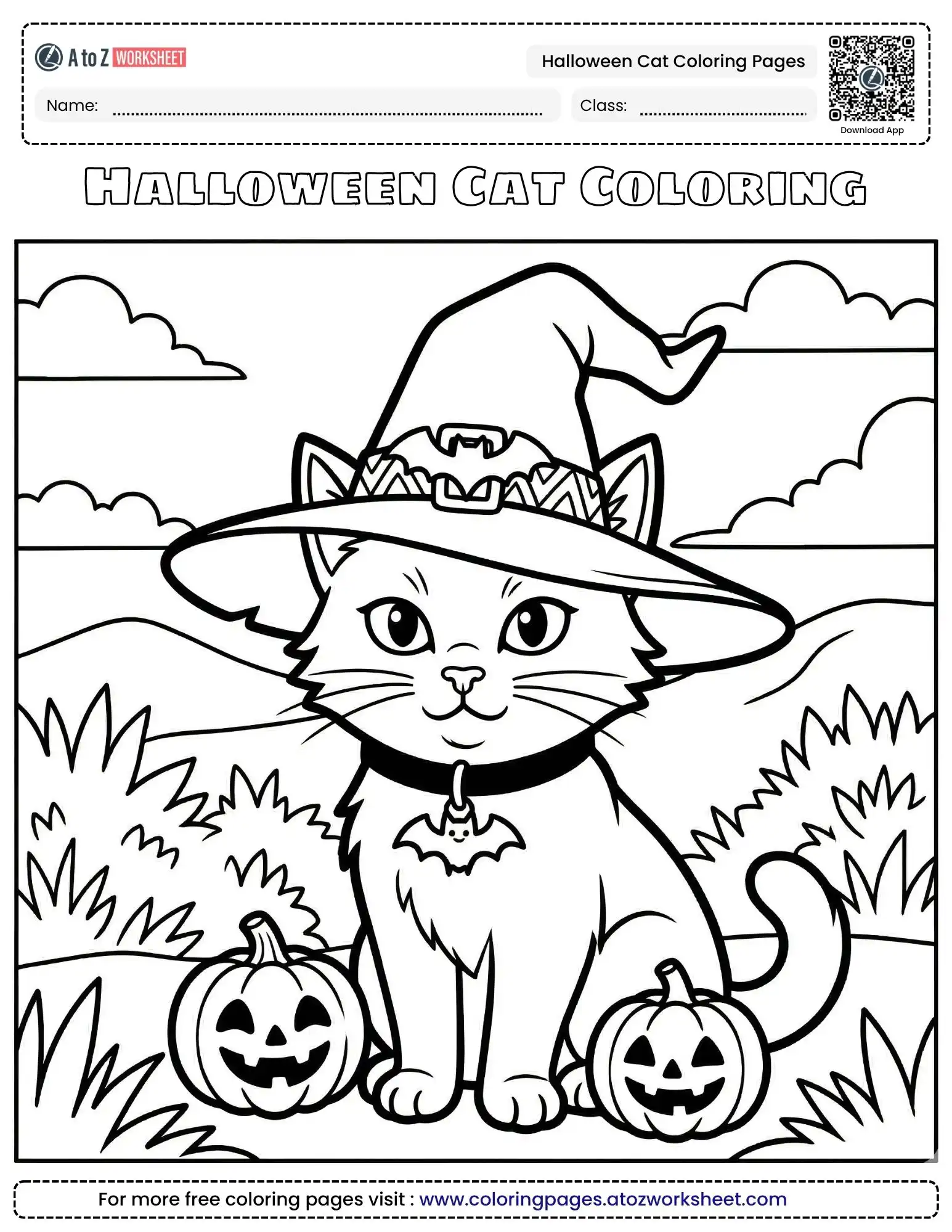 halloween cat coloring pages featuring a kitten wearing a witch hat sitting with two pumpkins.