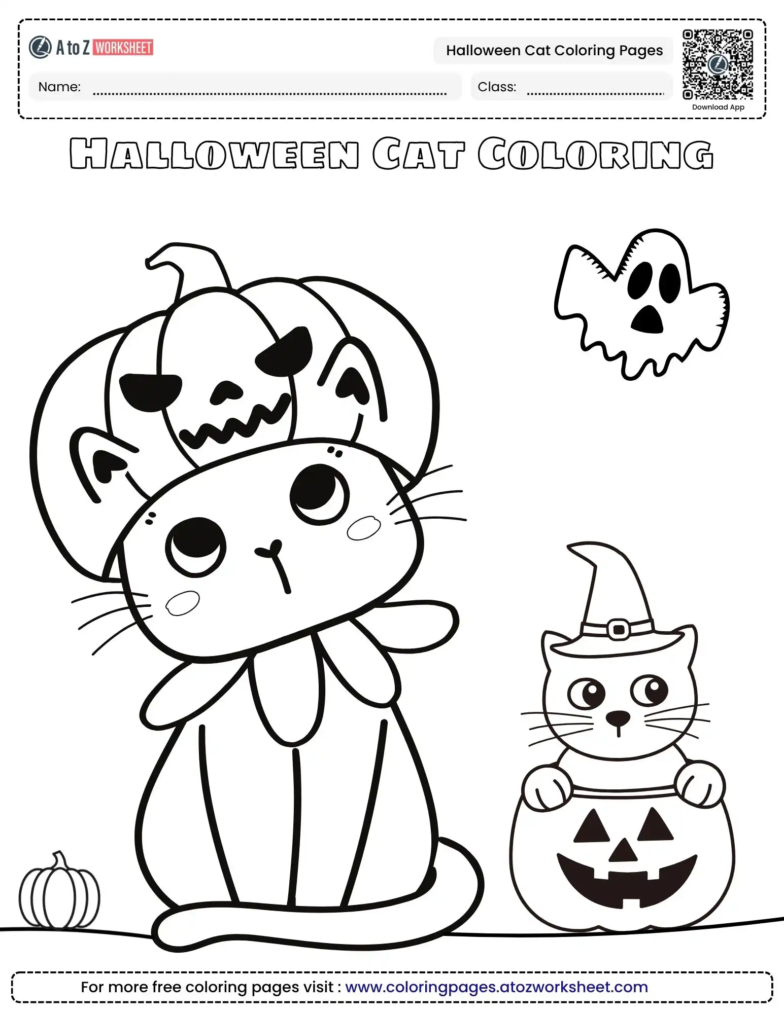 halloween cat coloring pages showing a kitten wearing a pumpkin hat next to a friendly ghost.