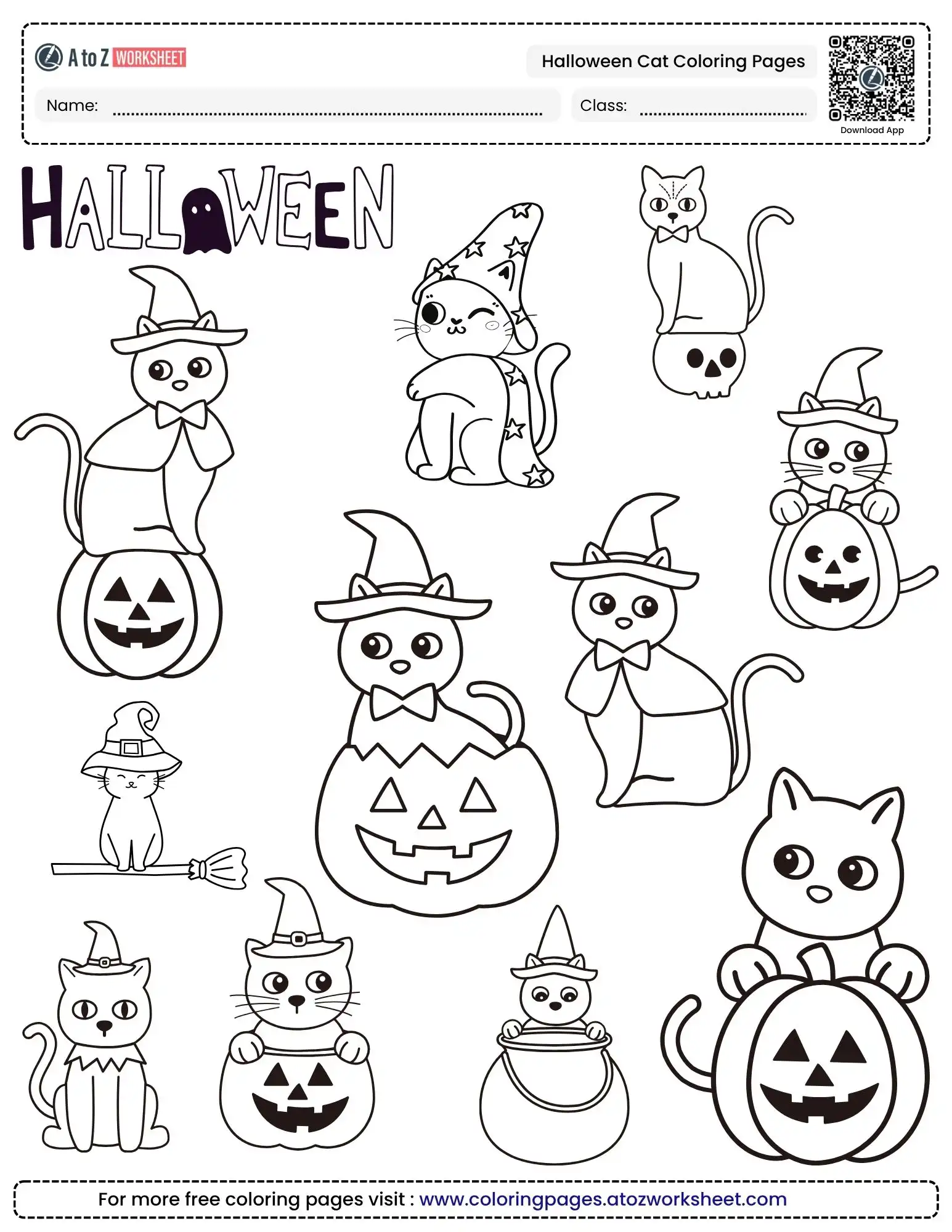 halloween cat coloring pages featuring multiple small kittens in various spooky costumes.