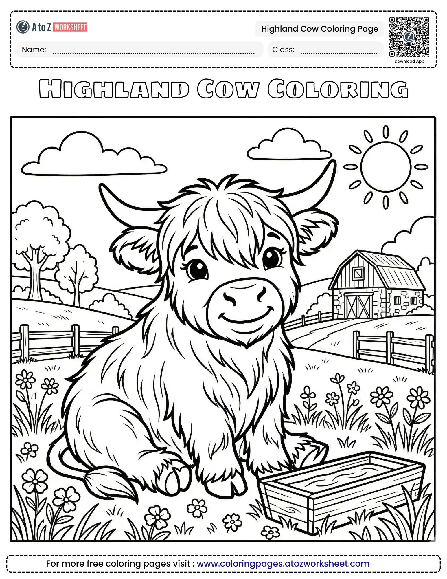 highland cow coloring page featuring a cute shaggy calf with one eye closed and a friendly smile.