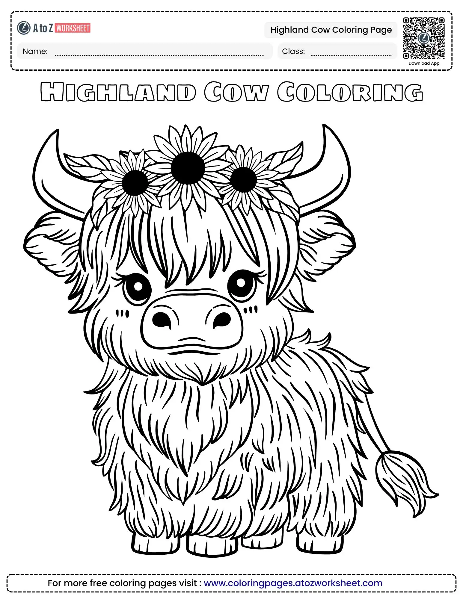 highland cow coloring page showing a large mother cow and a small calf standing together in a field.