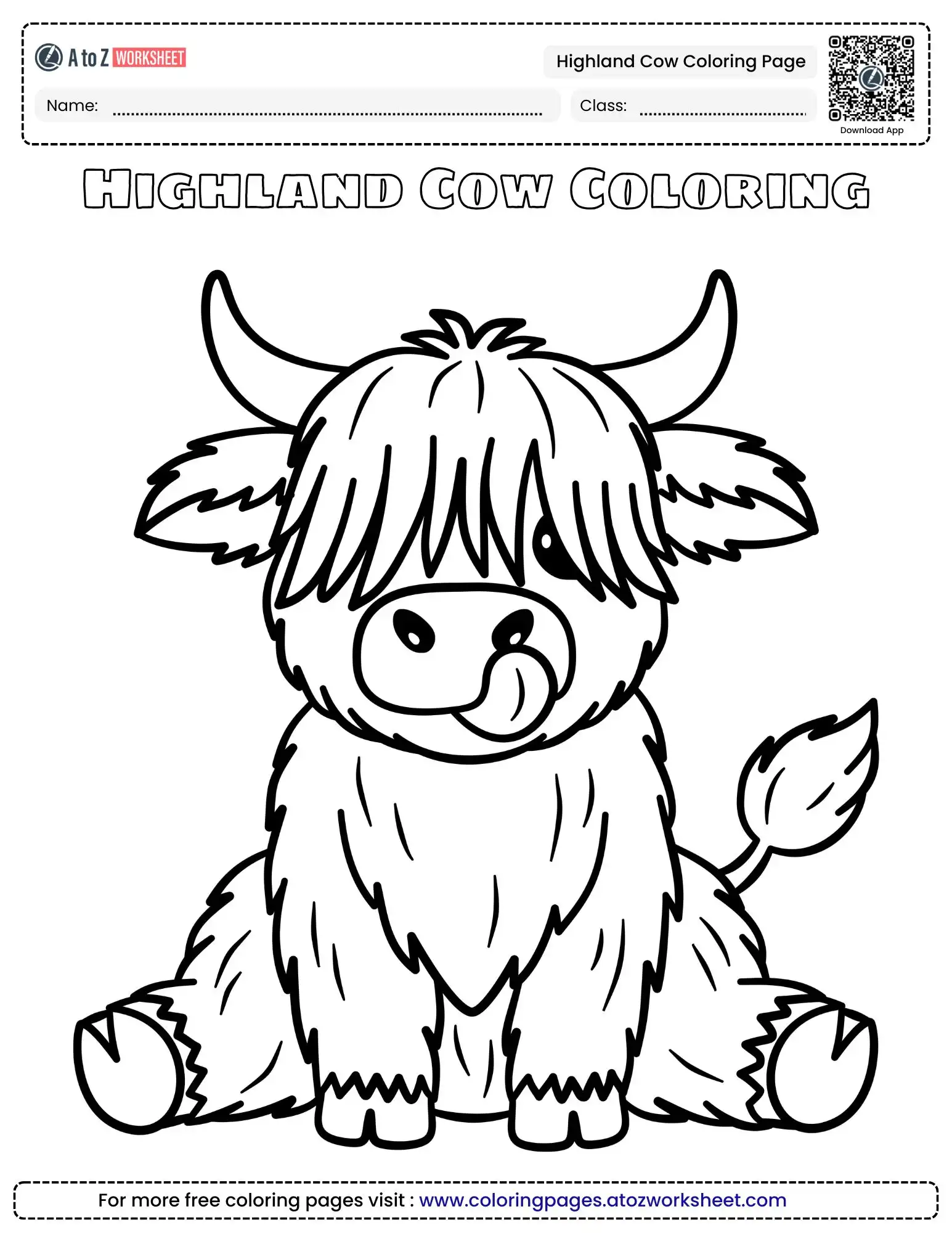 highland cow coloring page featuring a close-up portrait of a smiling cow with very long horns and shaggy hair.