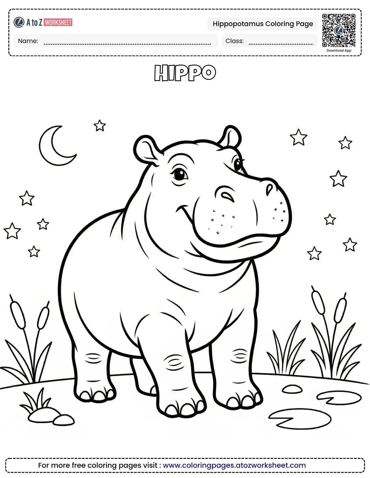 hippopotamus coloring pages showing a standing hippo at night