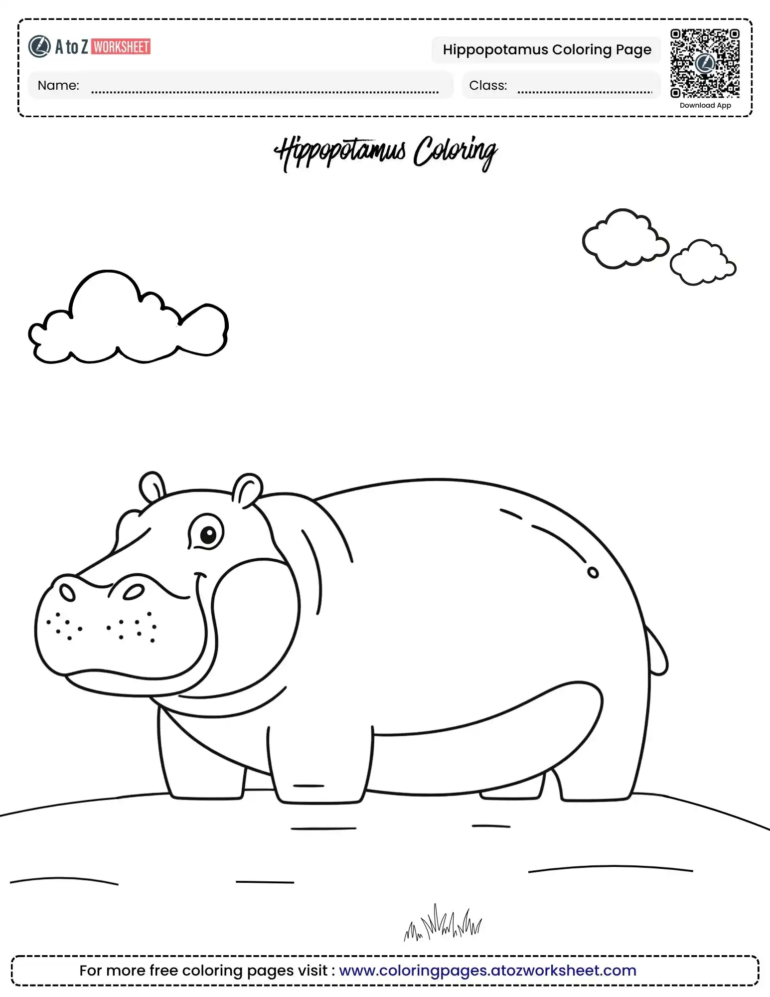 hippopotamus coloring pages of a large hippo walking under clouds