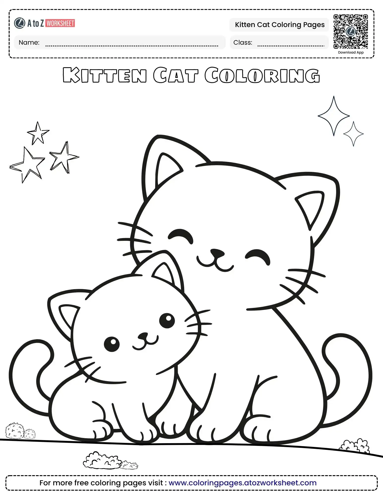 kitten cat coloring pages showing two kittens sitting together under twinkling stars.