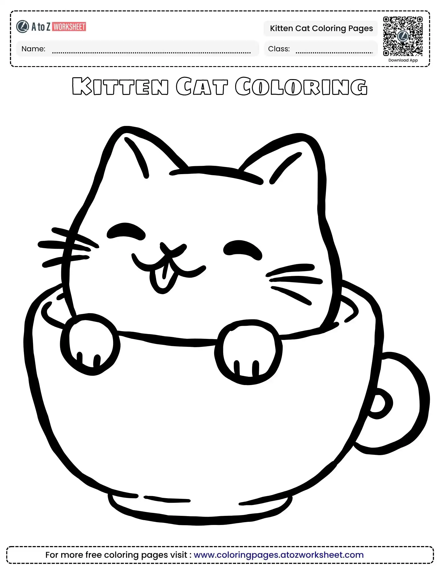 kitten cat coloring pages featuring a playful kitten peeking out of a teacup.