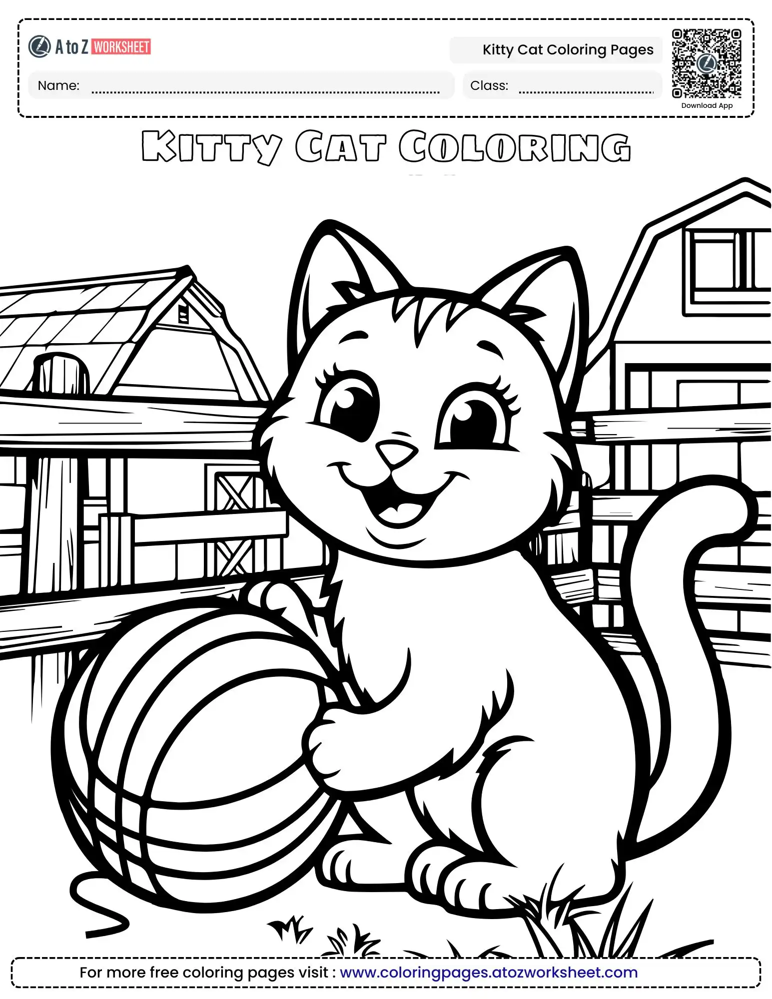 kitty cat coloring pages featuring a happy kitten playing with a large ball of yarn in front of a barn.