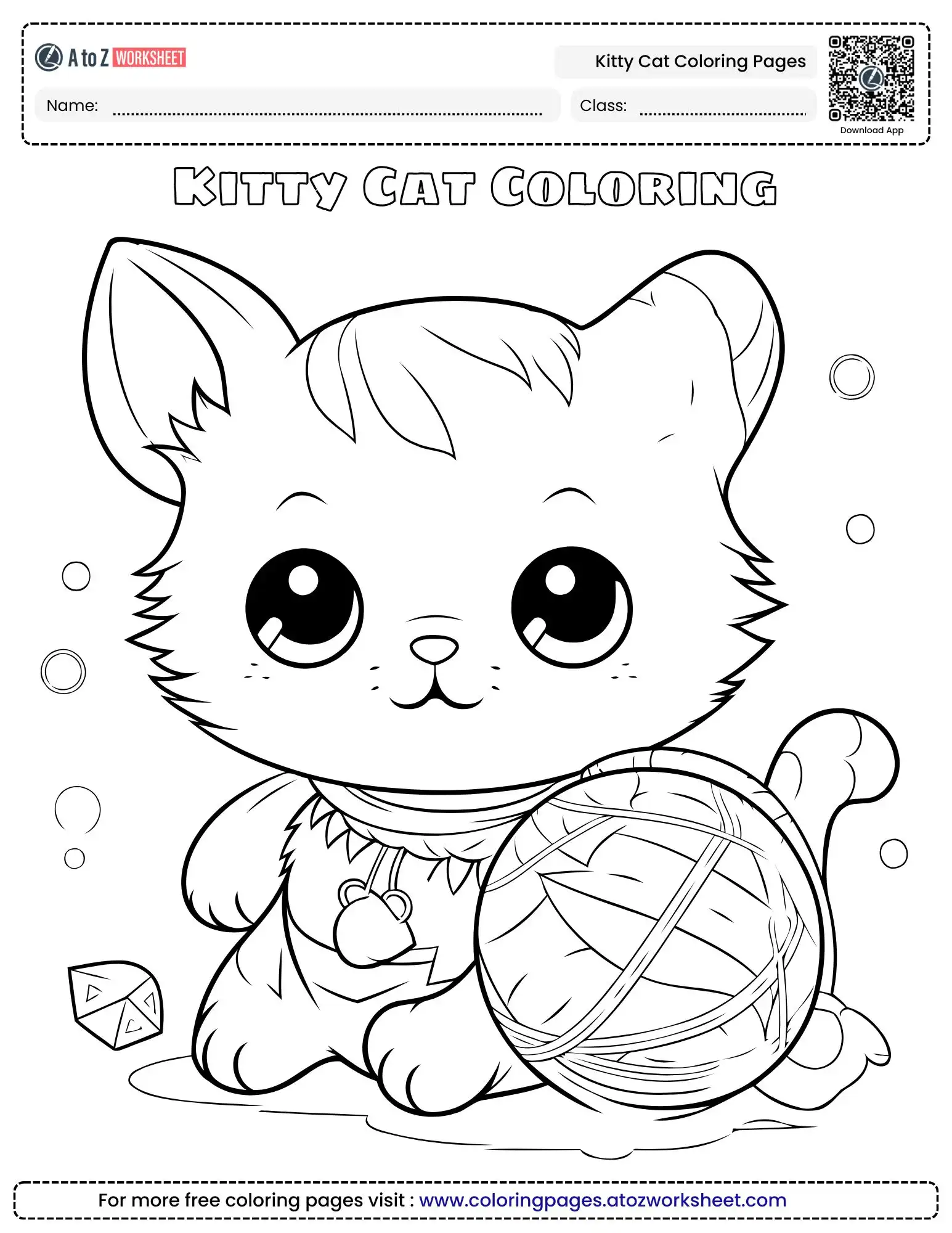 kitty cat coloring pages showing a cute kitten wearing a collar and sitting with a ball of yarn surrounded by bubbles.