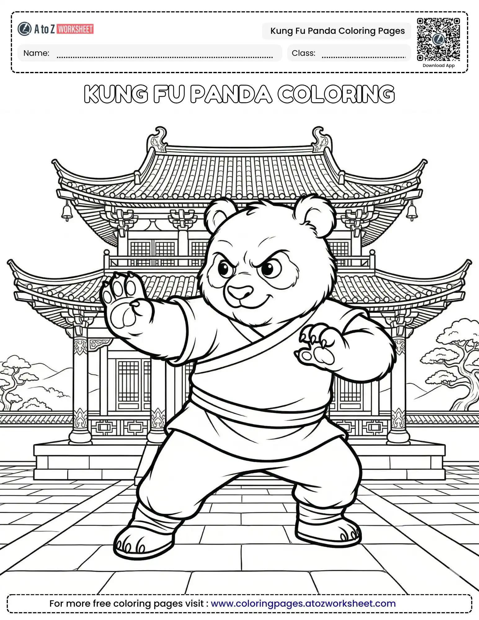 kung fu panda coloring pages showing a panda in a martial arts pose near a temple