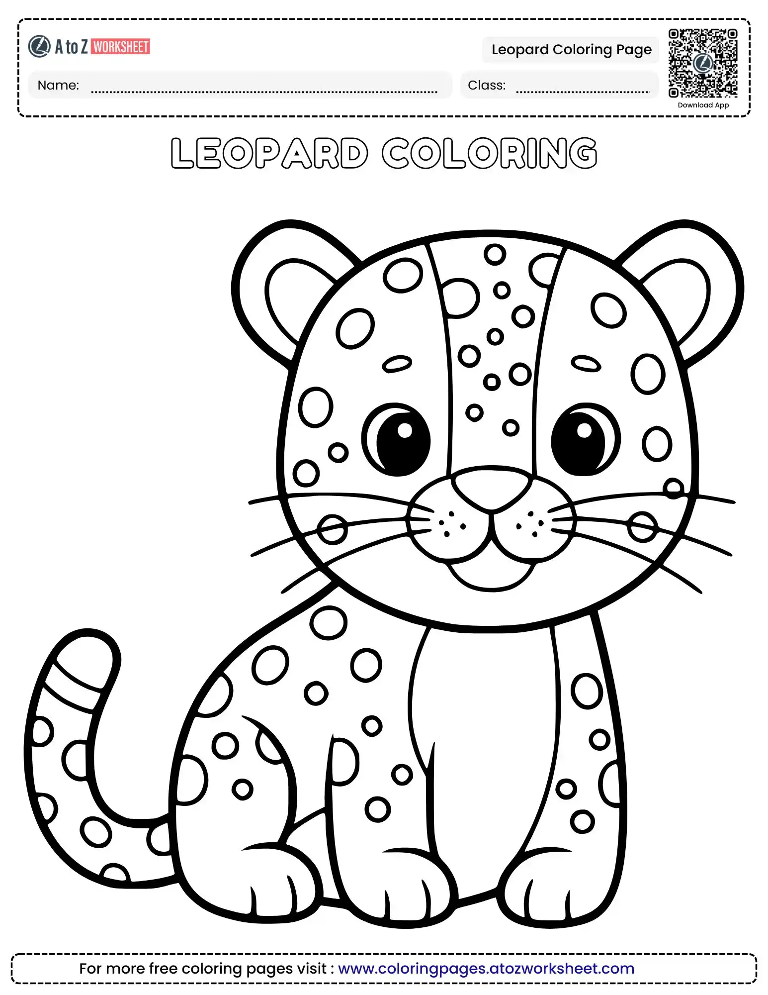 cute baby leopard coloring page for kids featuring a sitting cub with spots