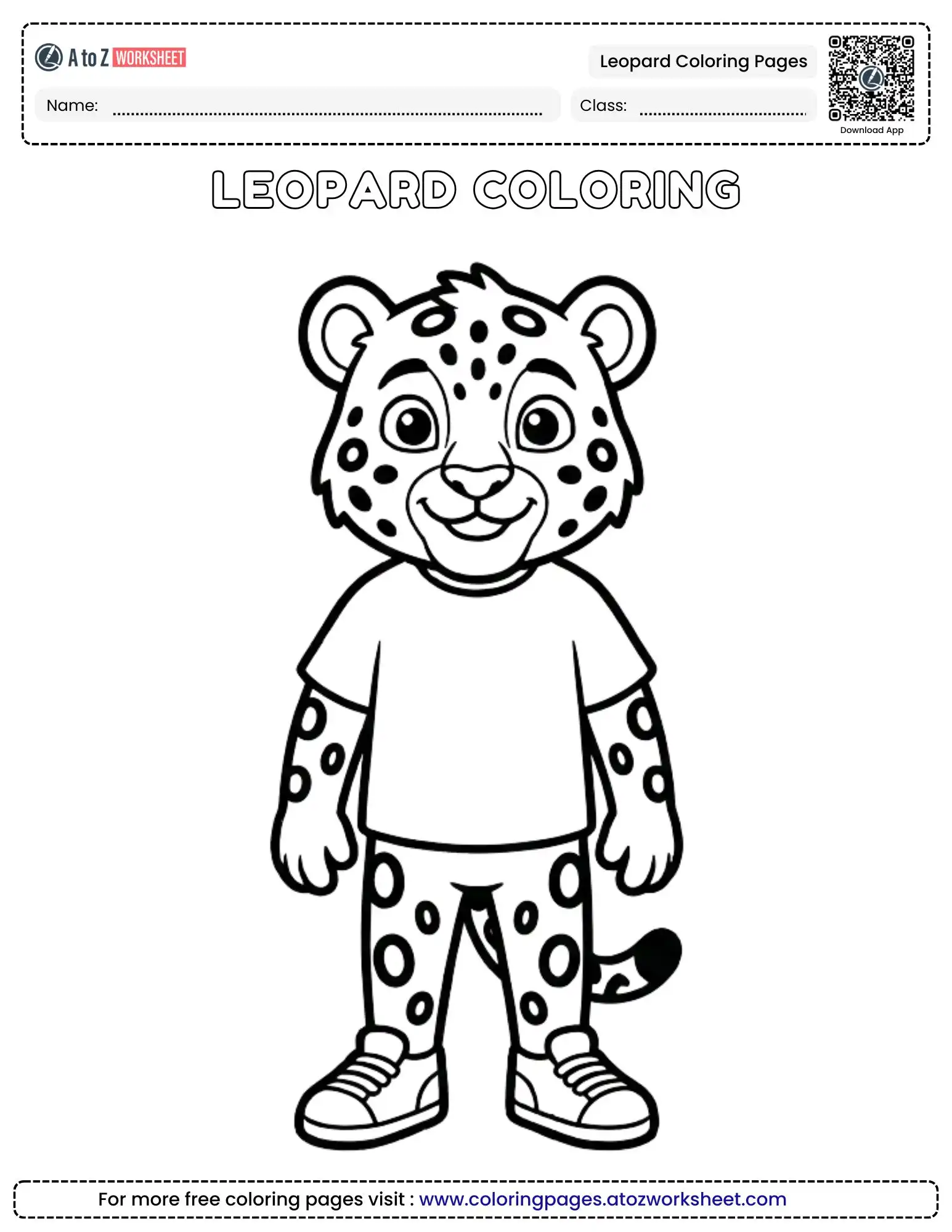 leopard coloring pages kids showing a cute cartoon character in a shirt and shoes