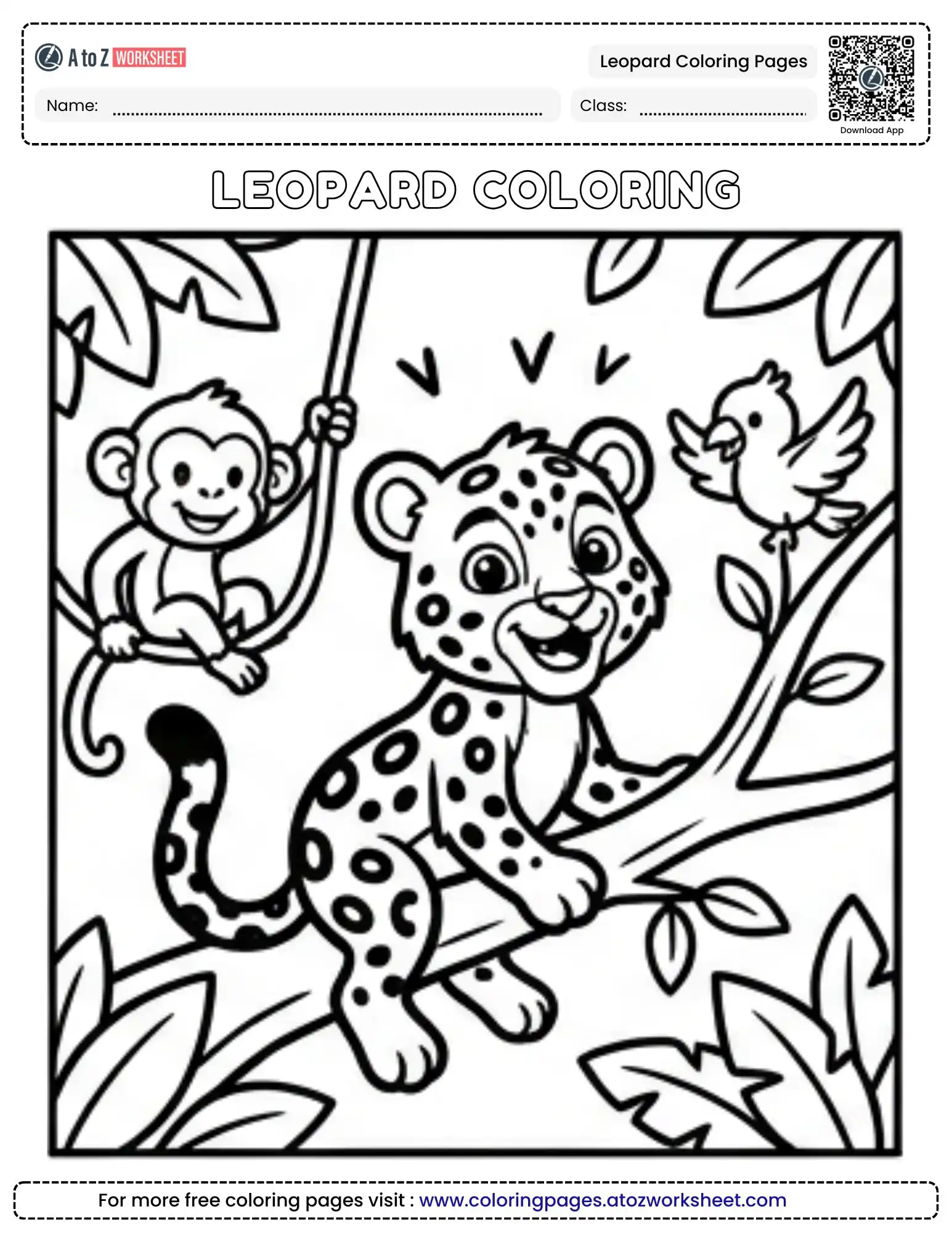 leopard coloring pages animals coloring featuring a jungle scene with a monkey and bird