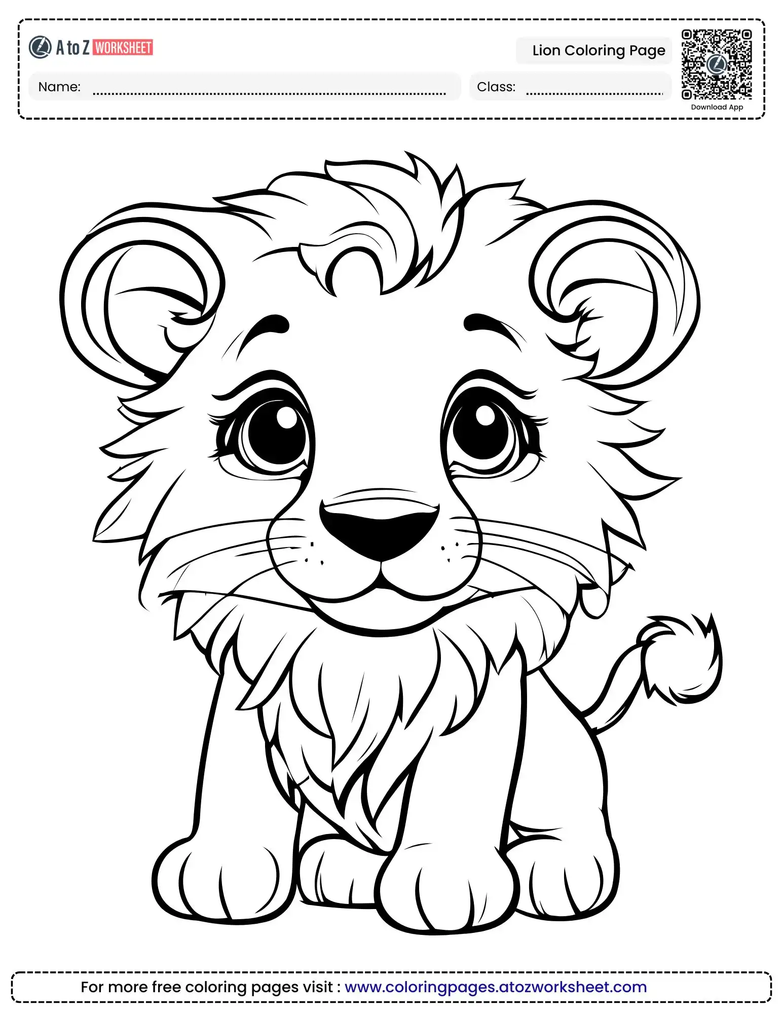 lion-coloring-page lion coloring page featuring a cute baby lion cub with a fluffy mane and big eyes.