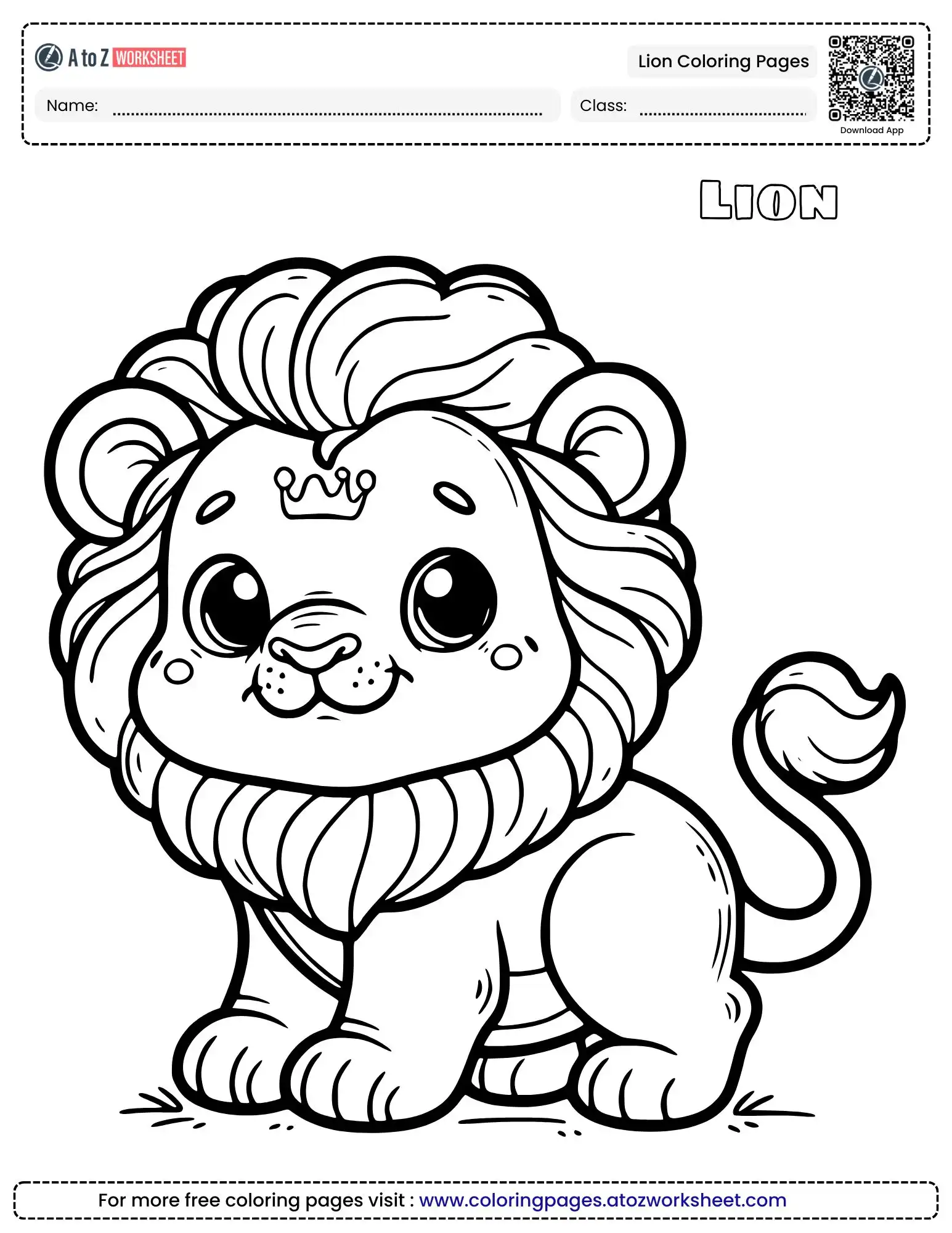 lion coloring pages featuring a cute sitting lion cub with a tiny crown.
