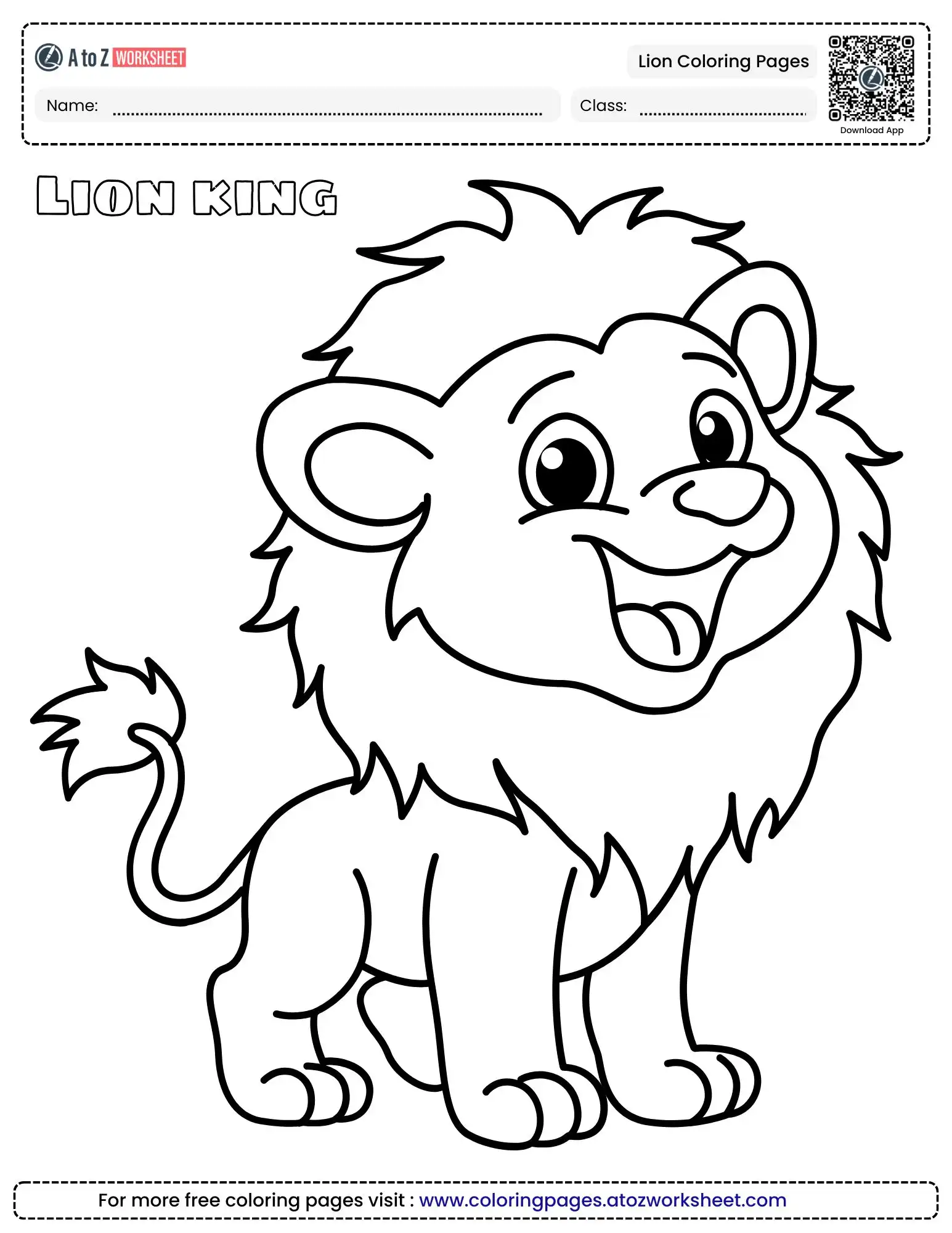 lion coloring pages showing a happy standing lion with a large mane.