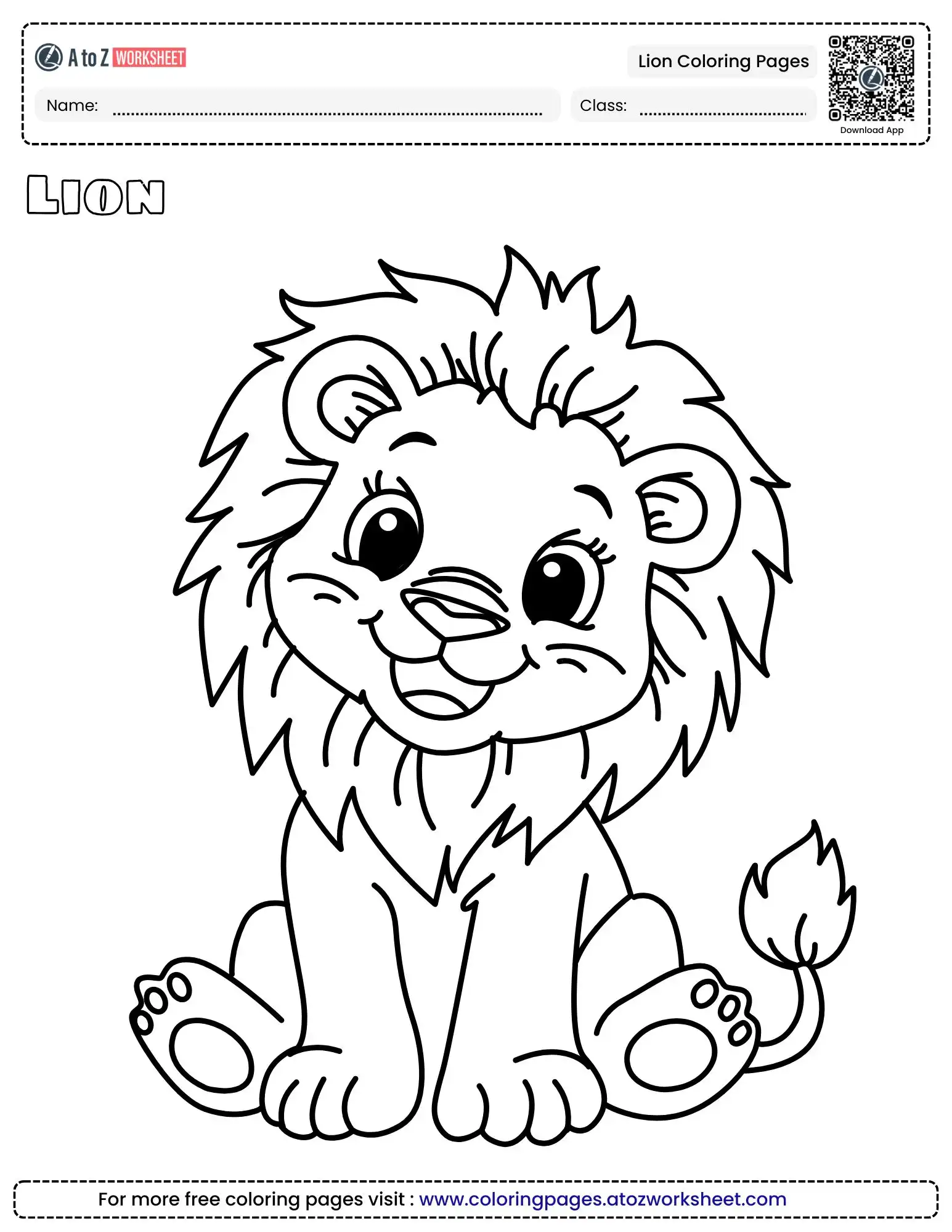 lion coloring pages featuring a wide-eyed baby lion sitting and smiling.