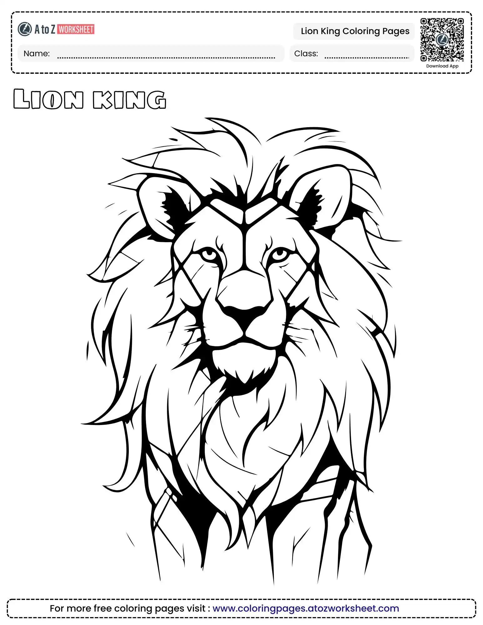 lion king coloring pages featuring a fierce and detailed male lion face with a large mane.