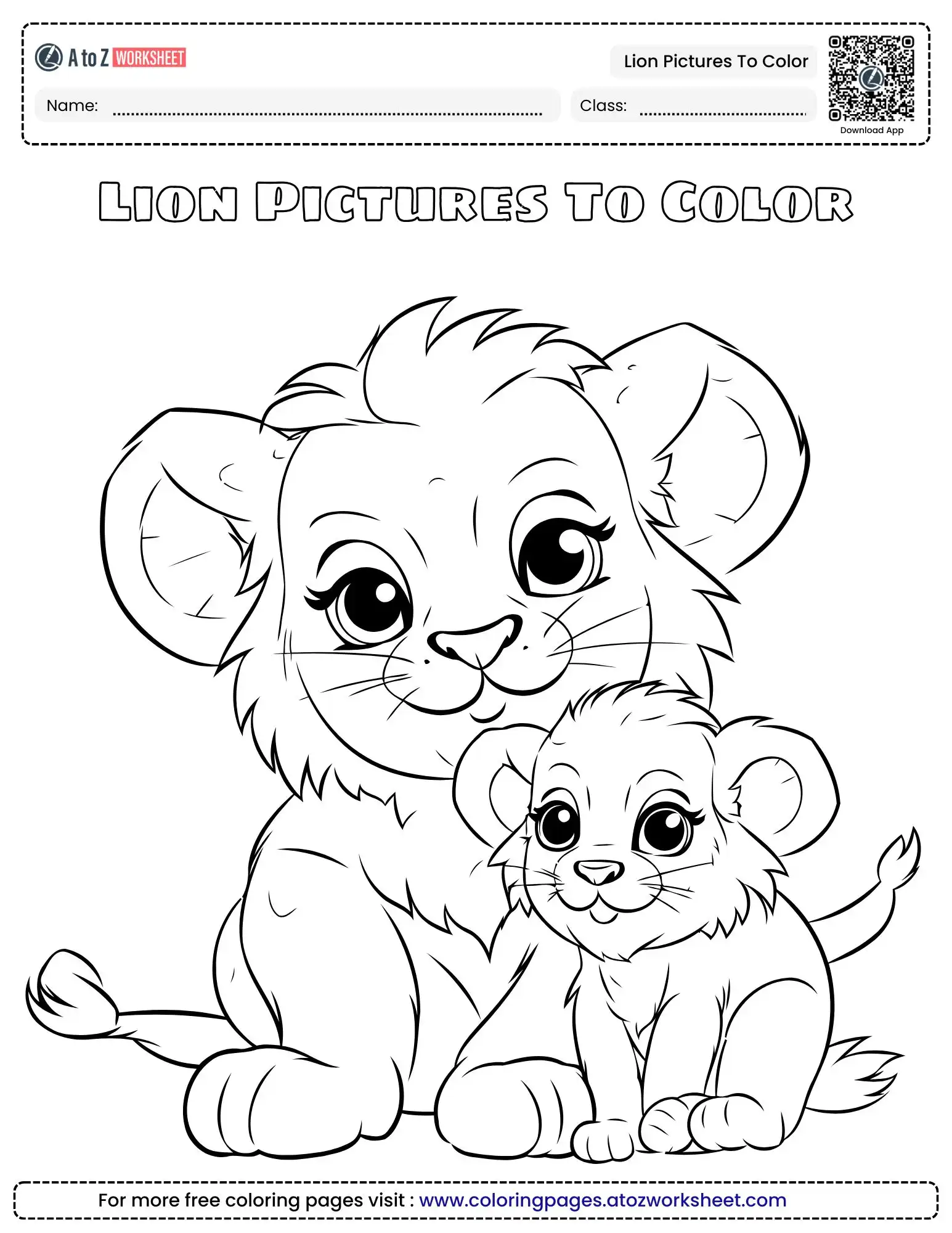 lion pictures to color featuring two cute baby lion cubs sitting together with big eyes.
