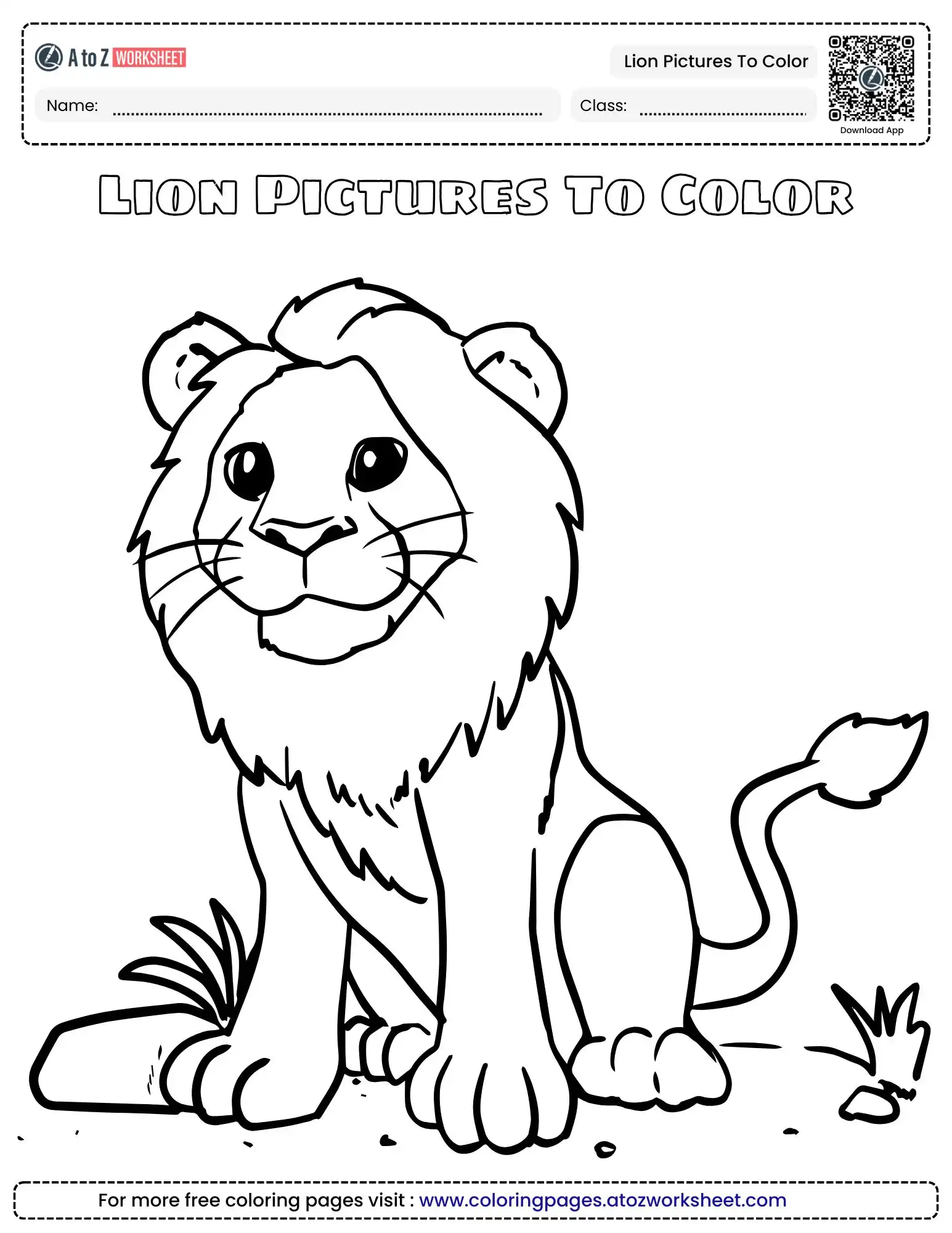 lion pictures to color showing a young lion sitting in the grass with a fluffy tail.