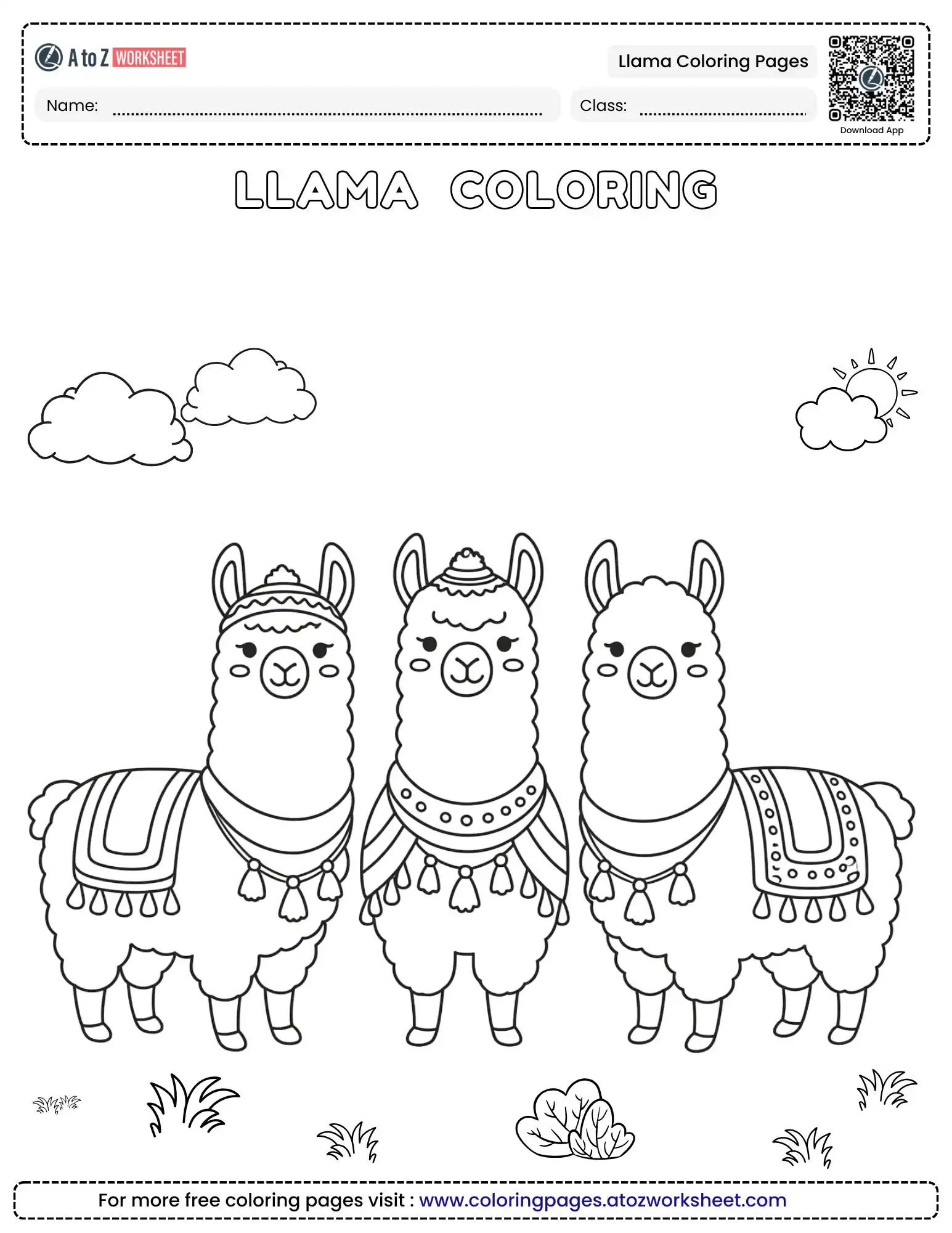 Premium Llama Coloring Pages Perfect For School And Home Activities 3 group of llama coloring pages with sun and clouds