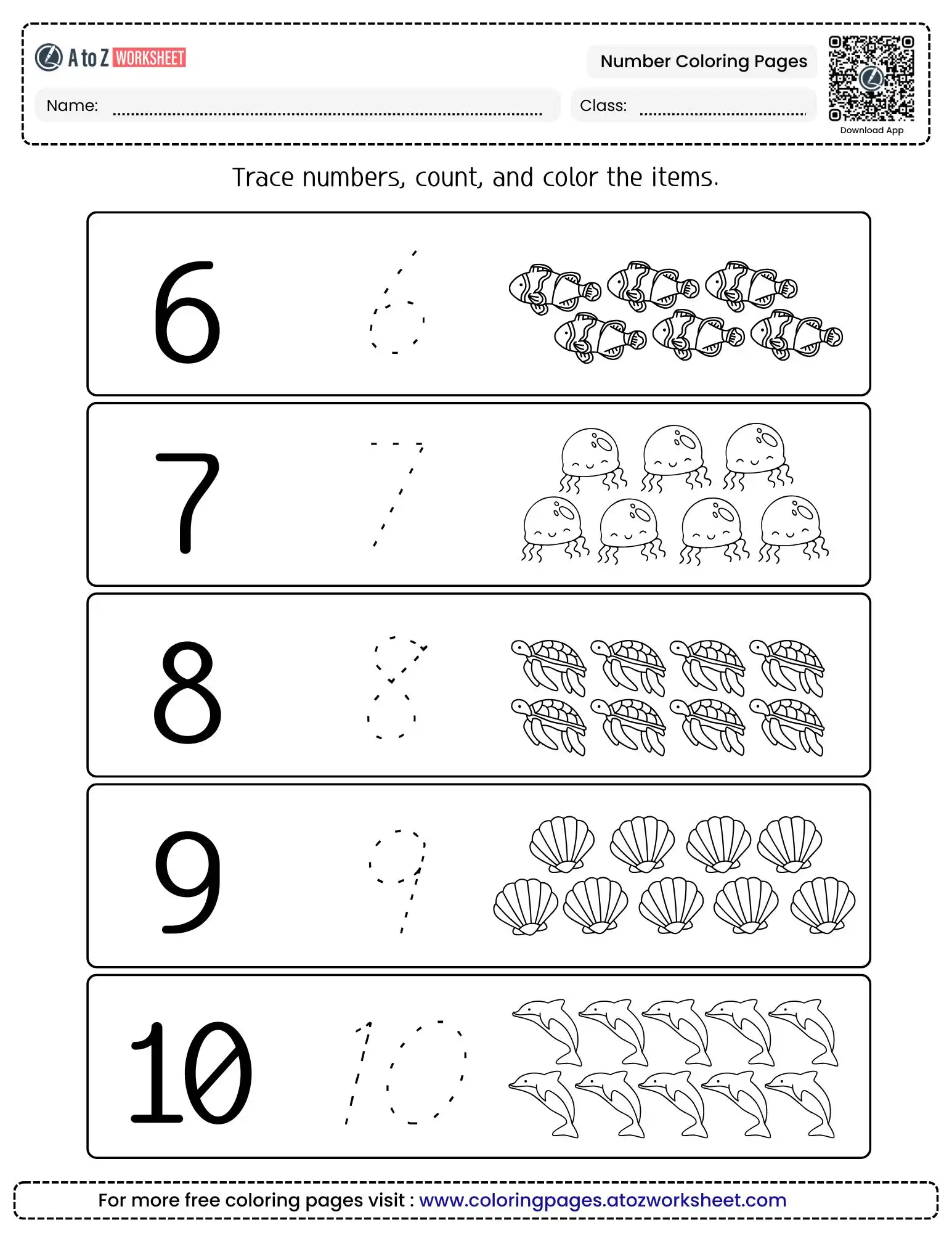 number coloring pages for counting six to ten