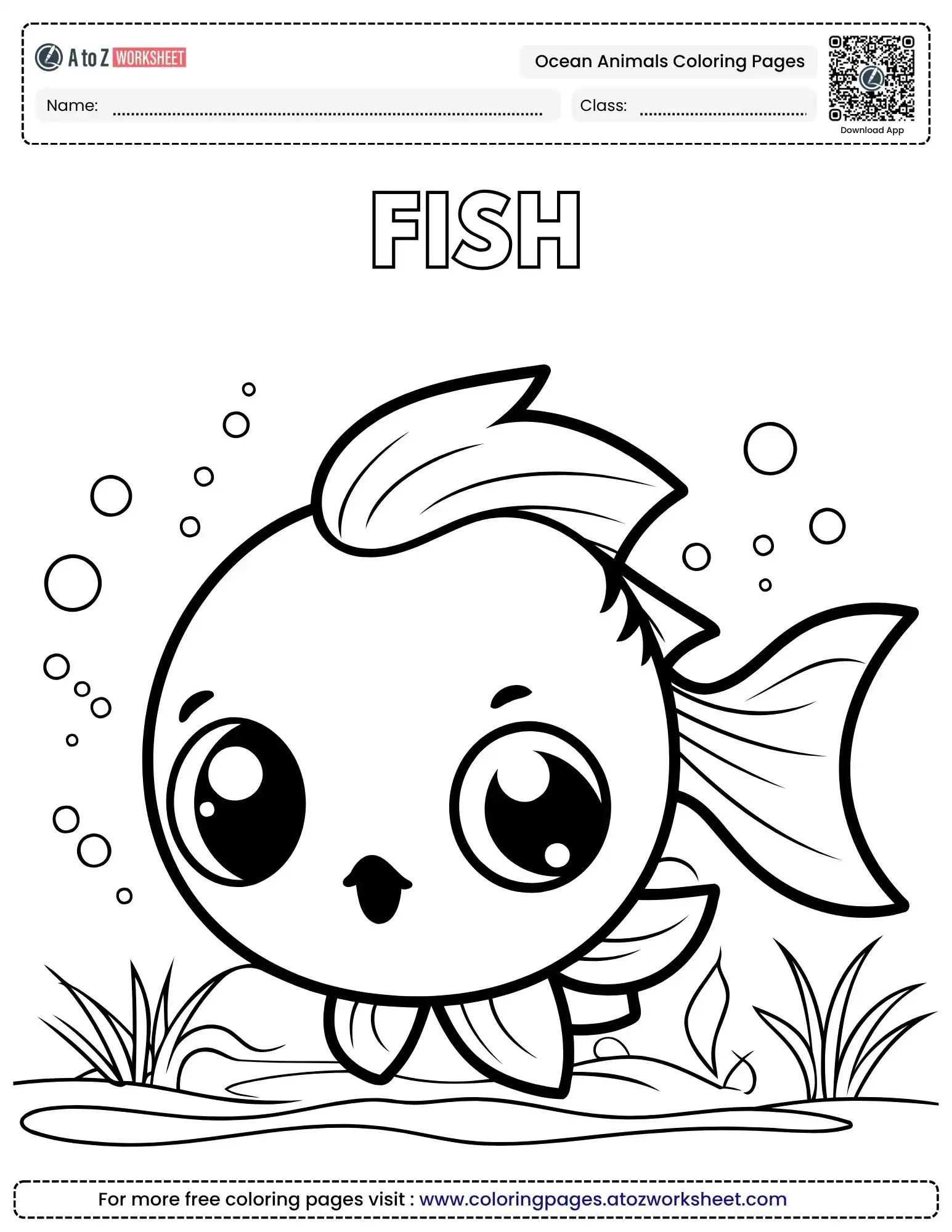 ocean animals coloring pages showing a cute round fish with bubbles